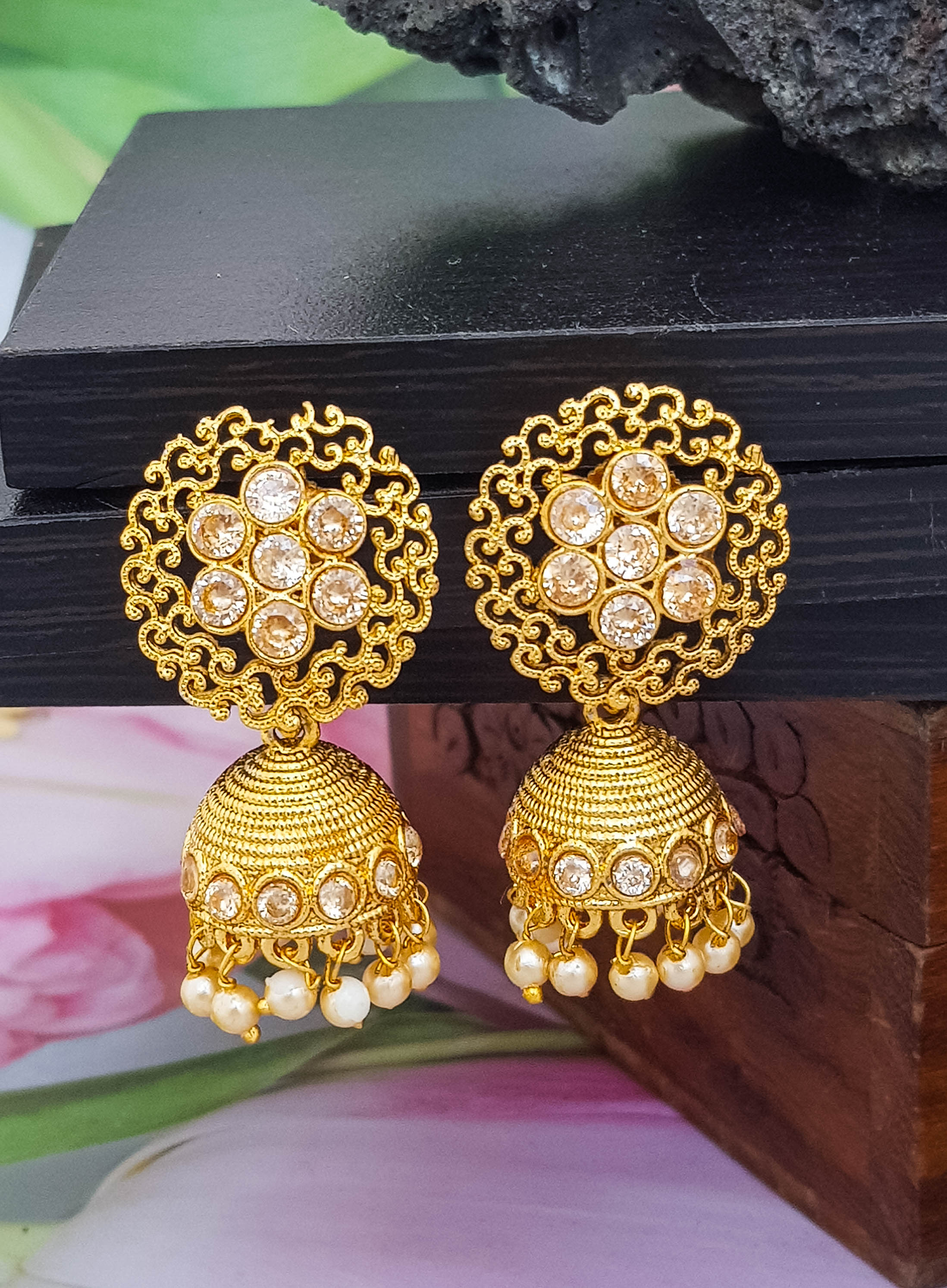 Buy Gold plated Imitation Jewelry Real AD Stones Daily Wear Jhumka