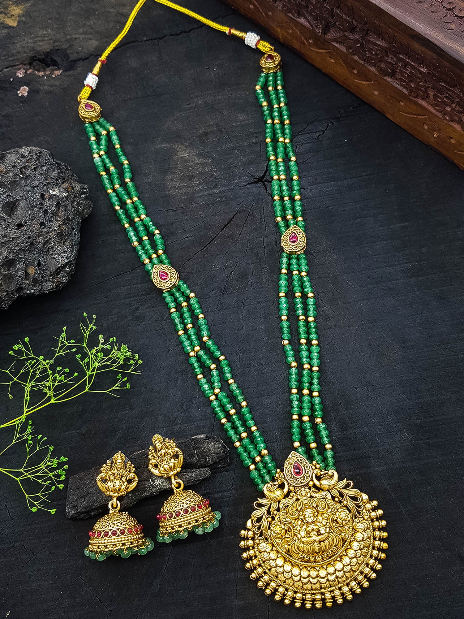 Premium Gold Plated Long Necklace Set in green crystal natural stones