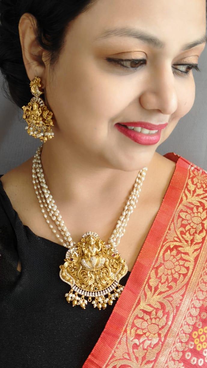 Premium Gold Finish Long Laxmi Hara Necklace Set with Pearl mala and CZ Stones