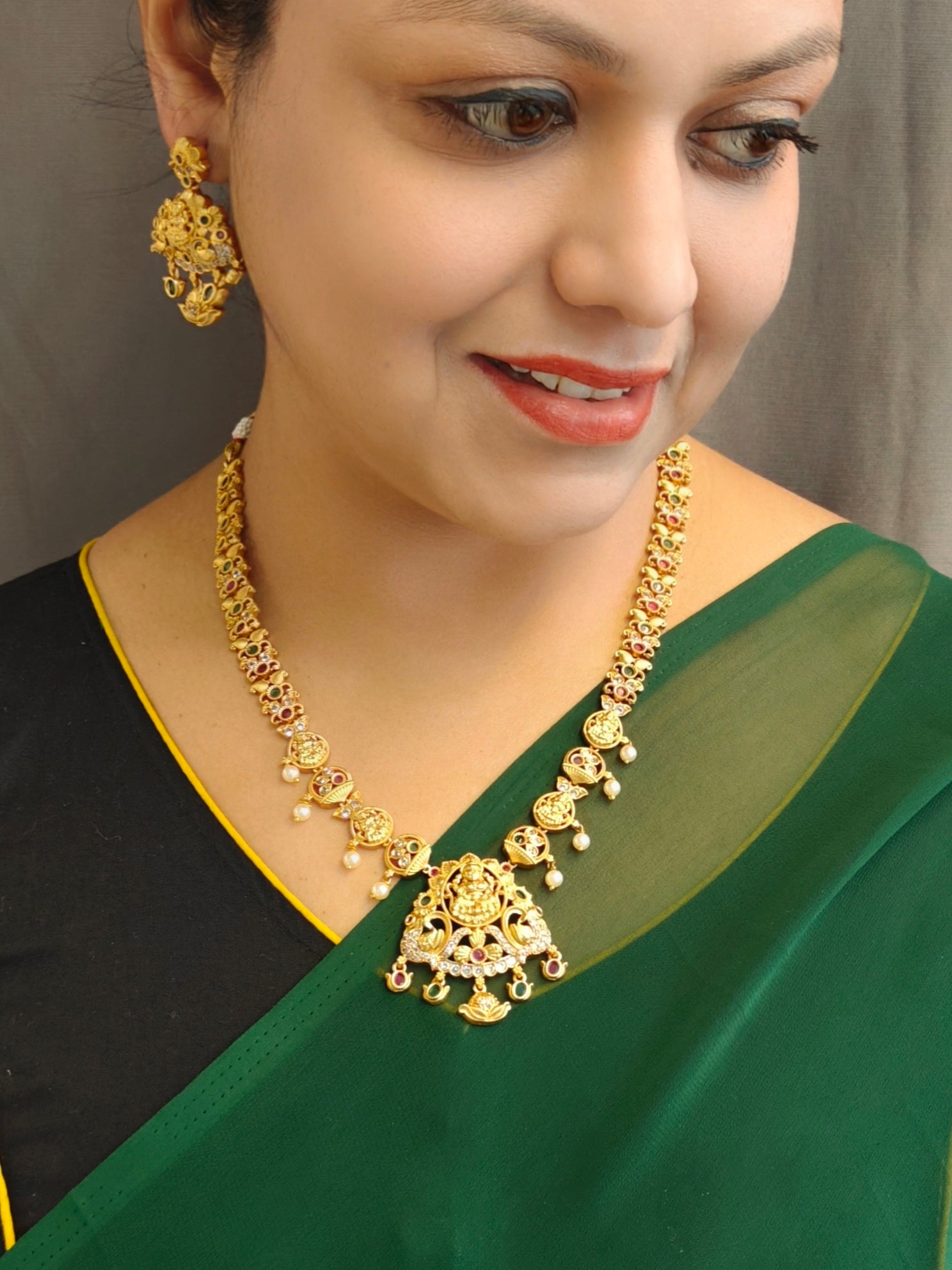 Premium Gold Plated Long Hara Necklace Set with CZ Stones