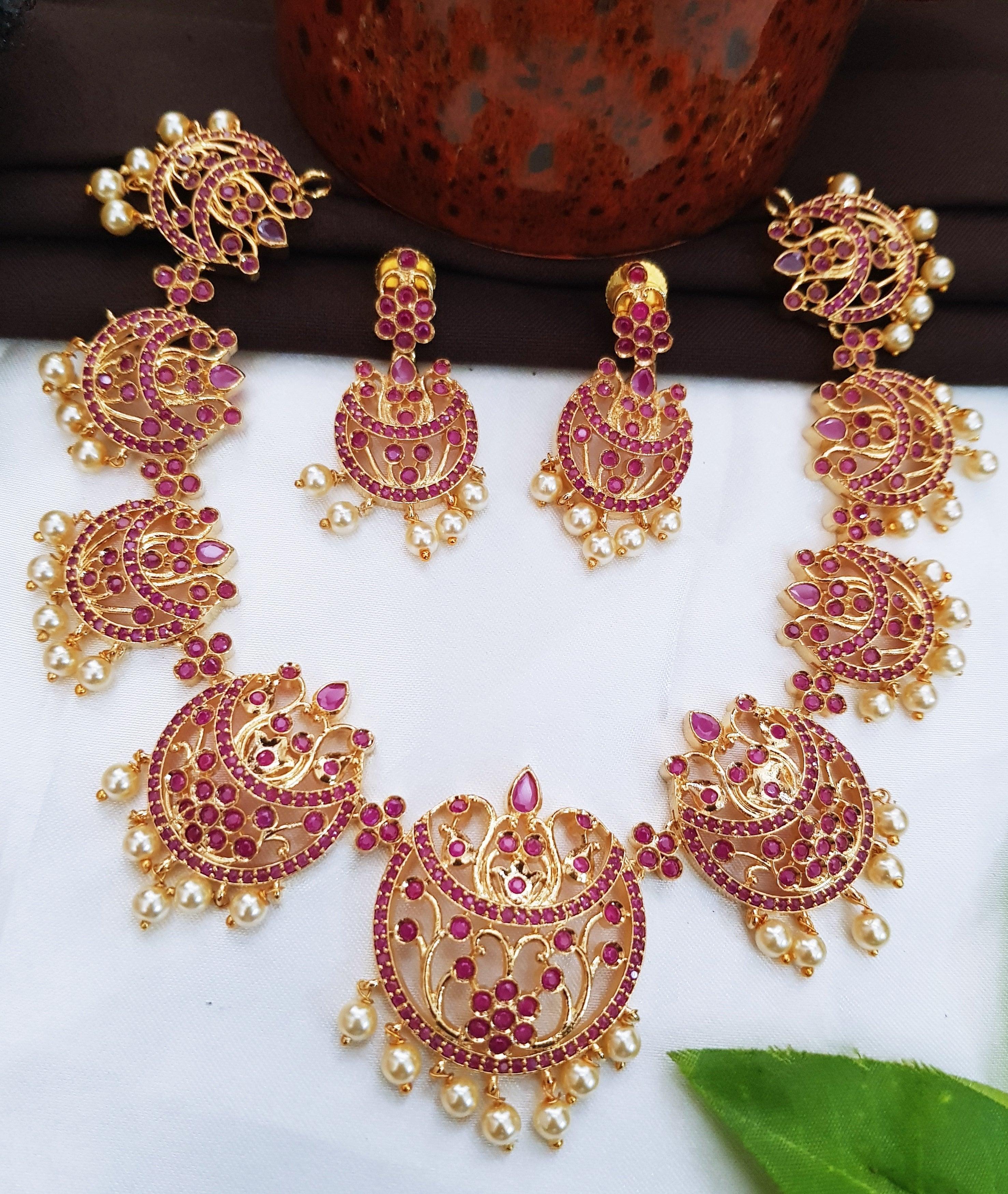 Sayara AD Collection High Quality Full Ruby Stones Chandbali Design Short Necklace set