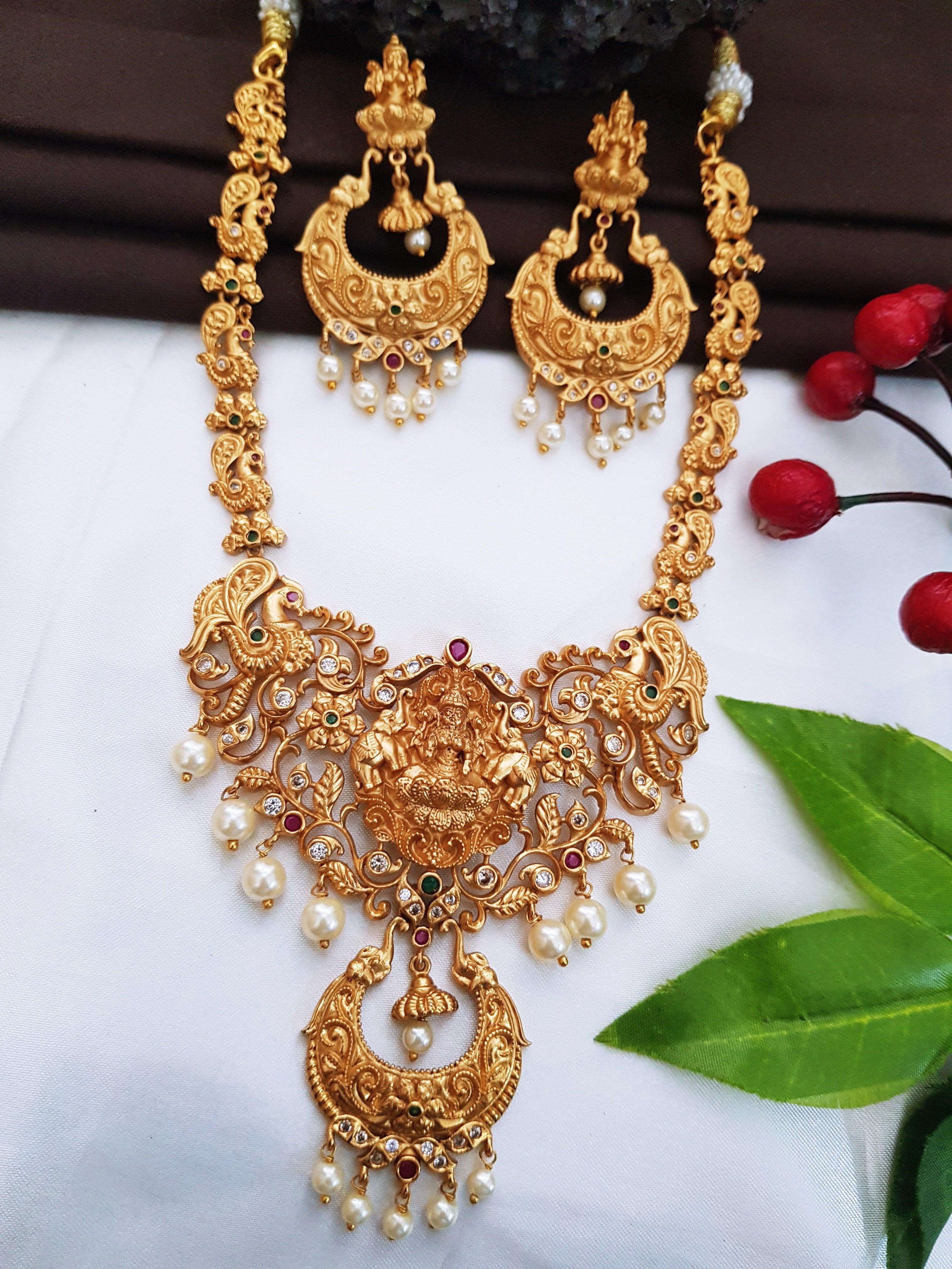 Premium Necklace set Matt Gold Finish Real AD Stone Laxmi Short Necklace Set