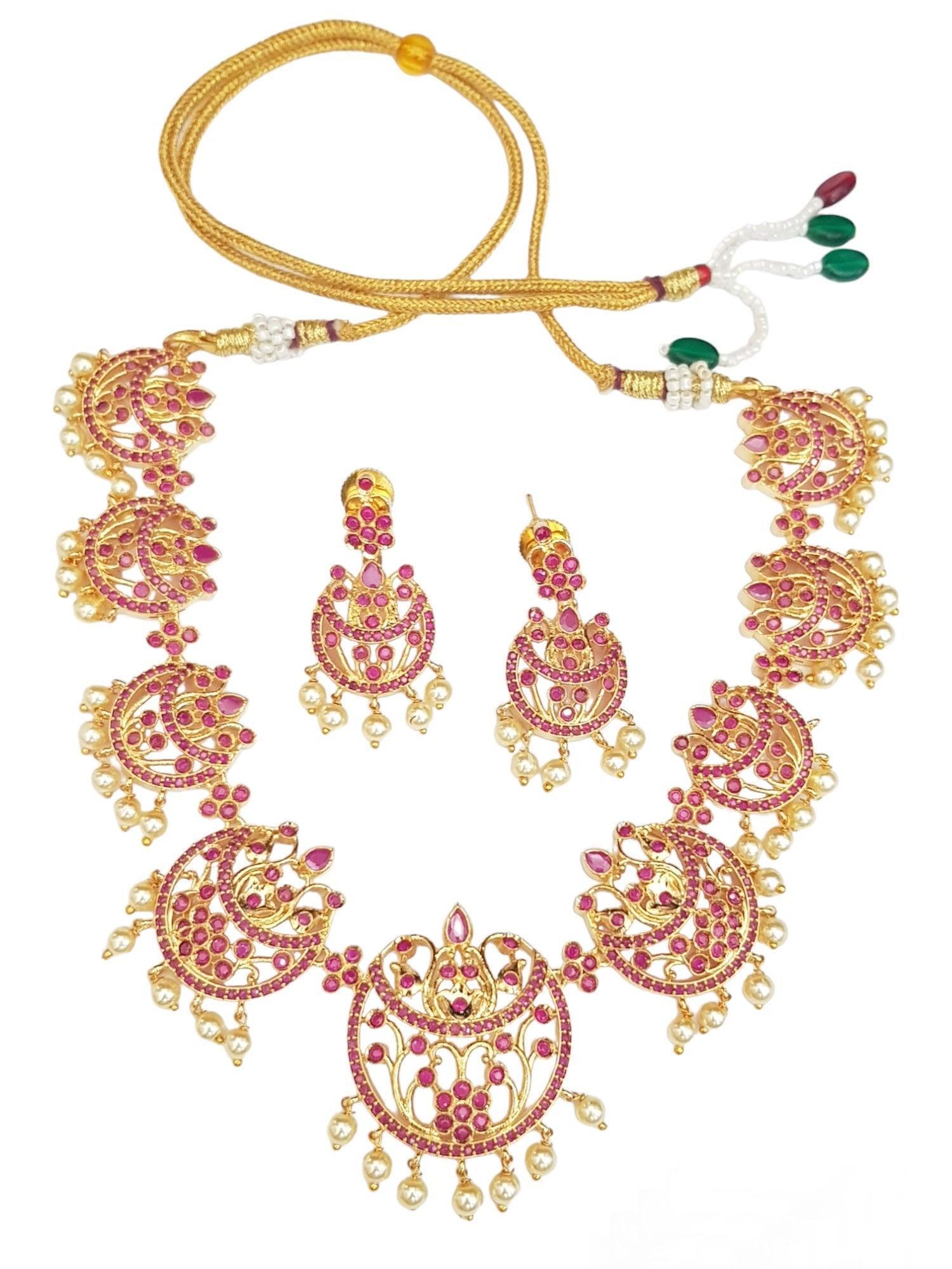 Sayara AD Collection High Quality Full Ruby Stones Chandbali Design Short Necklace set