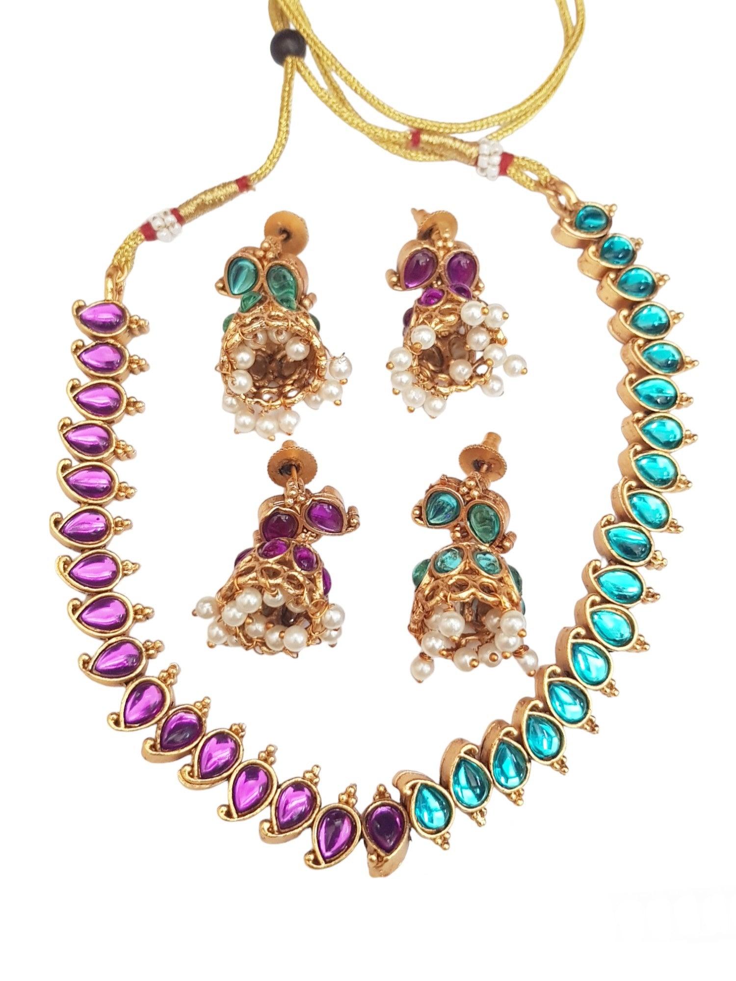 Exclusive Gold Plated Reversible (Purple and Sky blue) AD Necklace Set