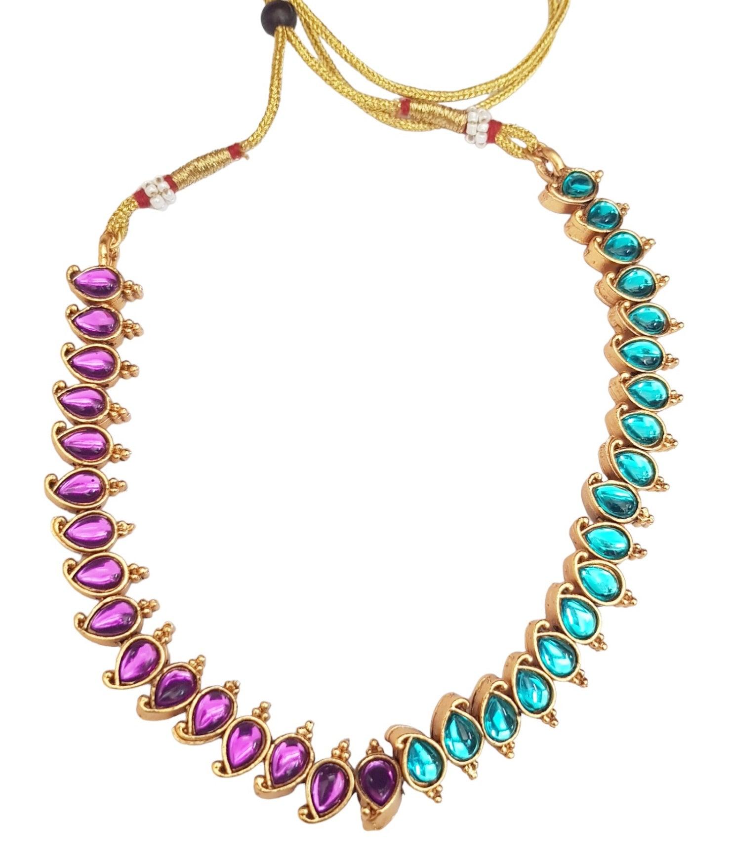 Exclusive Gold Plated Reversible (Purple and Sky blue) AD Necklace Set