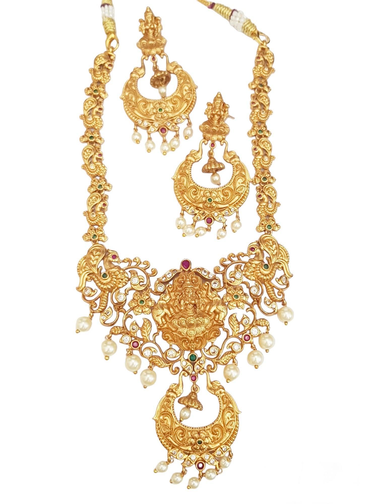 Premium Necklace set Matt Gold Finish Real AD Stone Laxmi Short Necklace Set