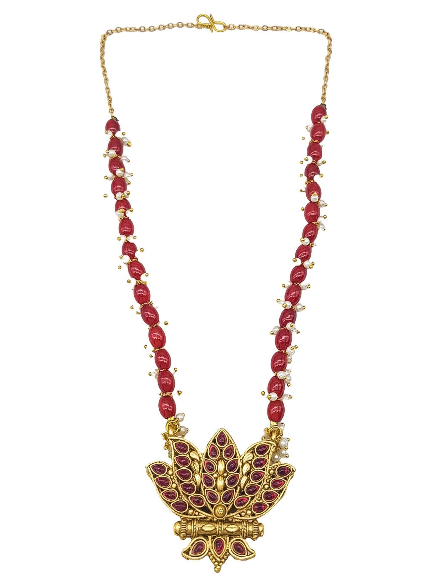 Gold Plated Lotus design Reversible Necklace Set with Stone Mala