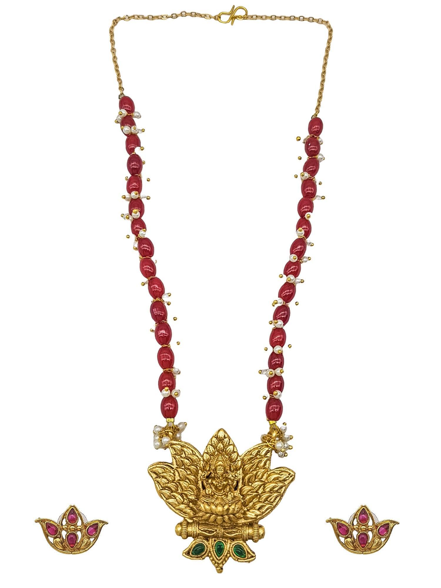 Gold Plated Lotus design Reversible Necklace Set with Stone Mala