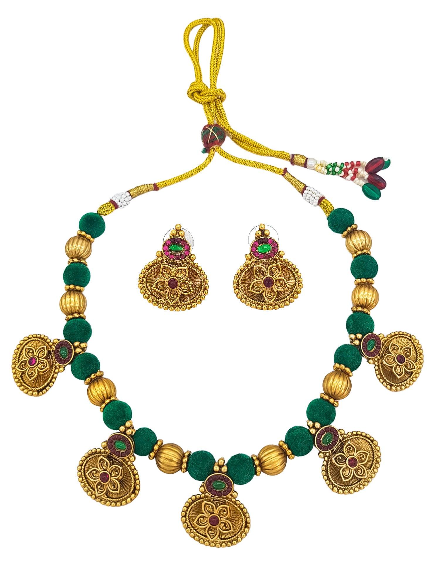 Silk Thread Necklace Set with Gold plated Flower motif