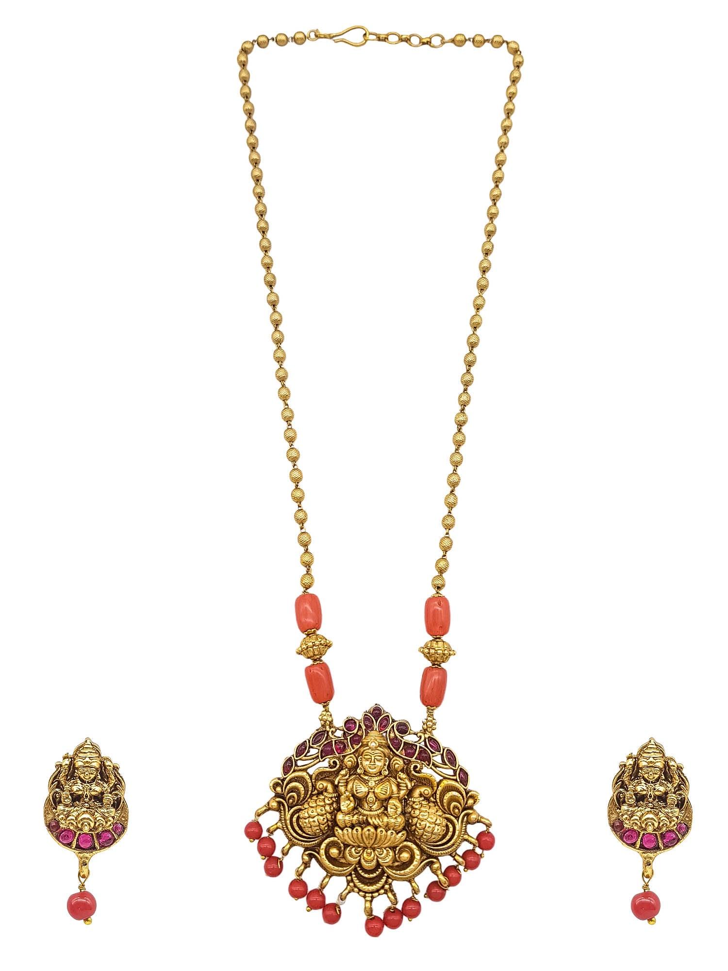 Gold Plated In Coral Beads Long Necklace Set