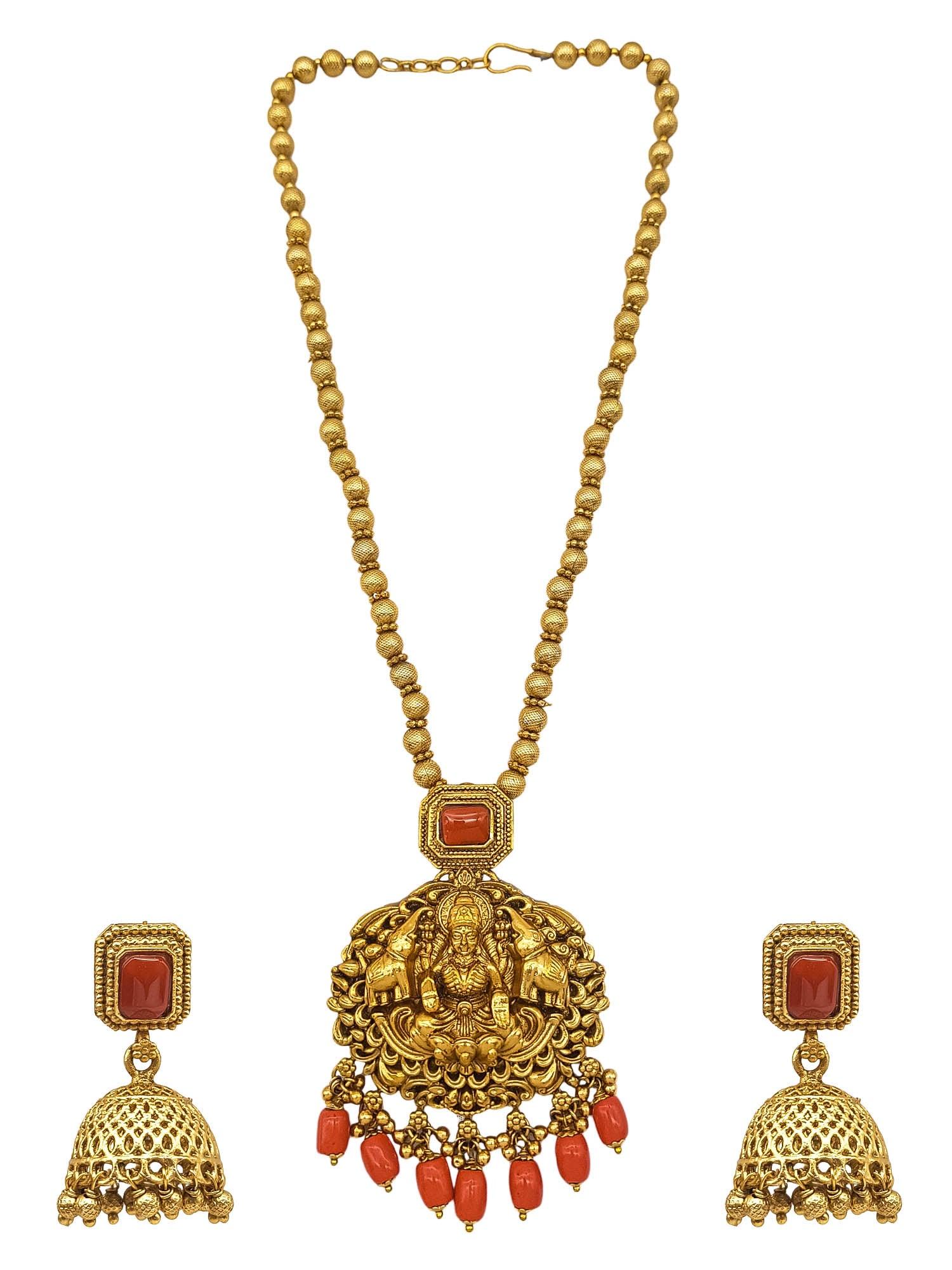 Gold Plated In Coral Beads Long Necklace Set