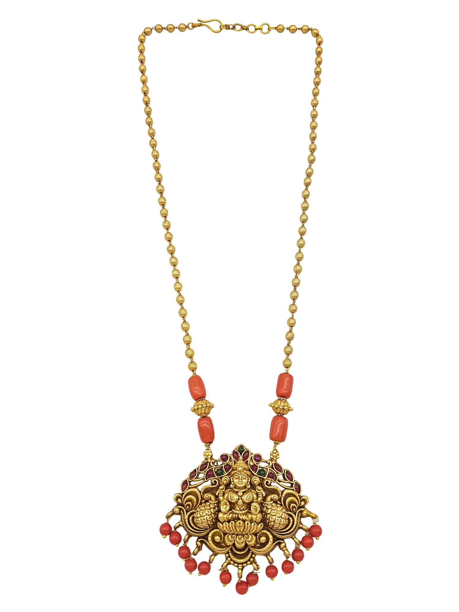 Gold Plated In Coral Beads Long Necklace Set