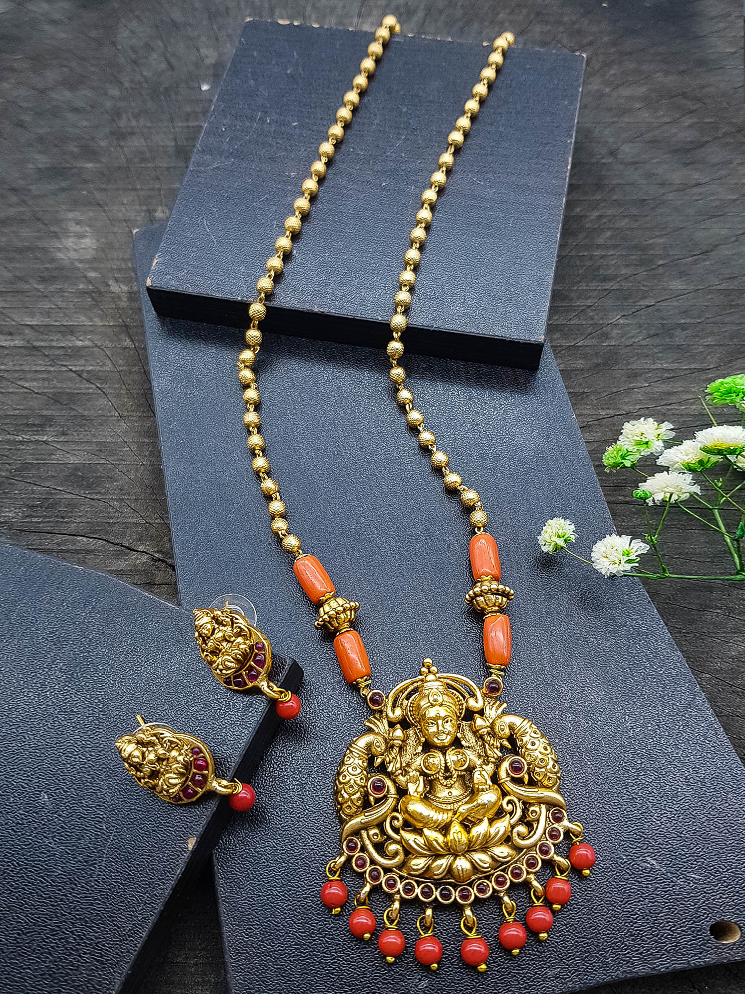 Gold Plated In Coral Beads Long Necklace Set