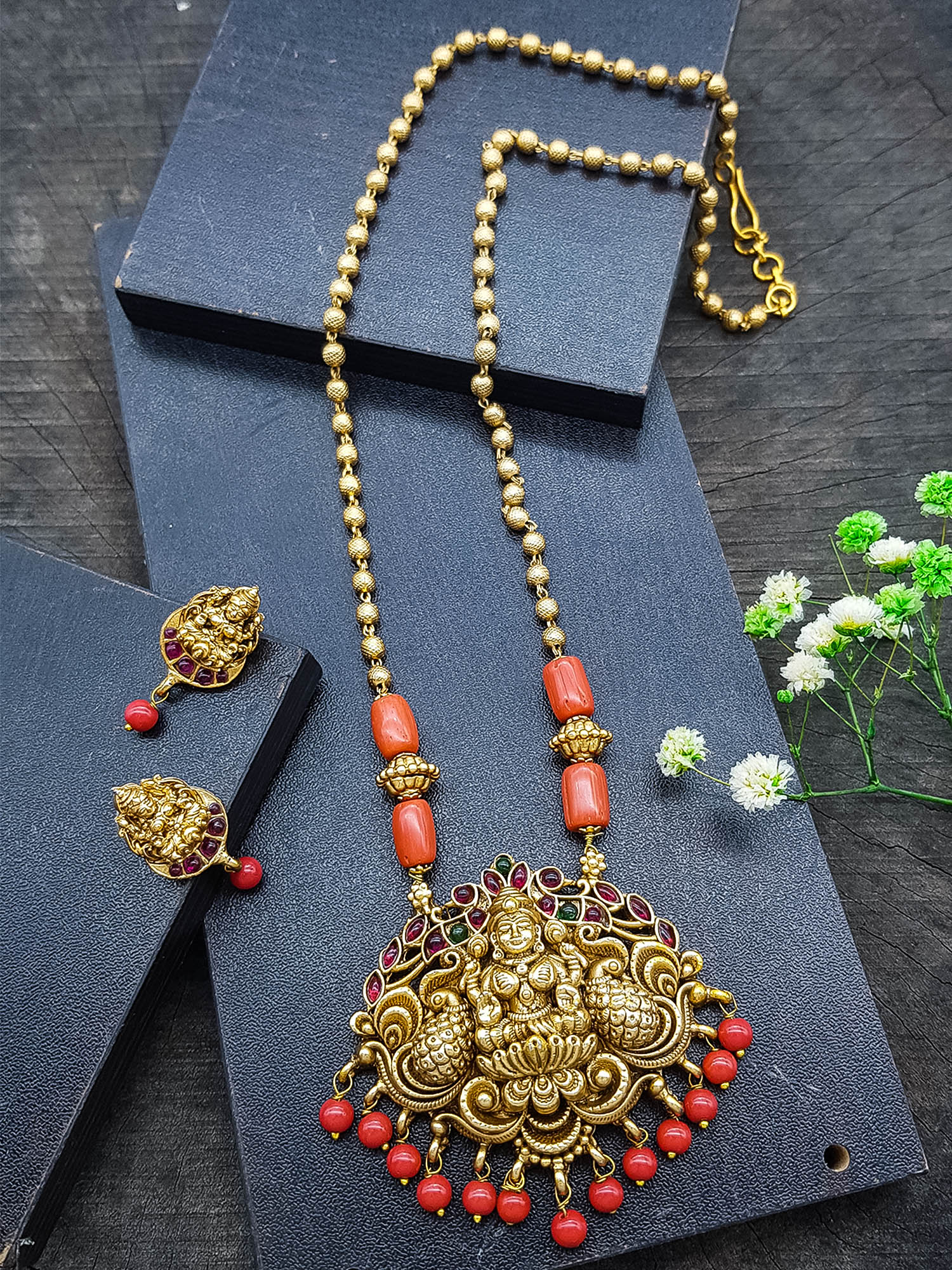 Gold Plated In Coral Beads Long Necklace Set