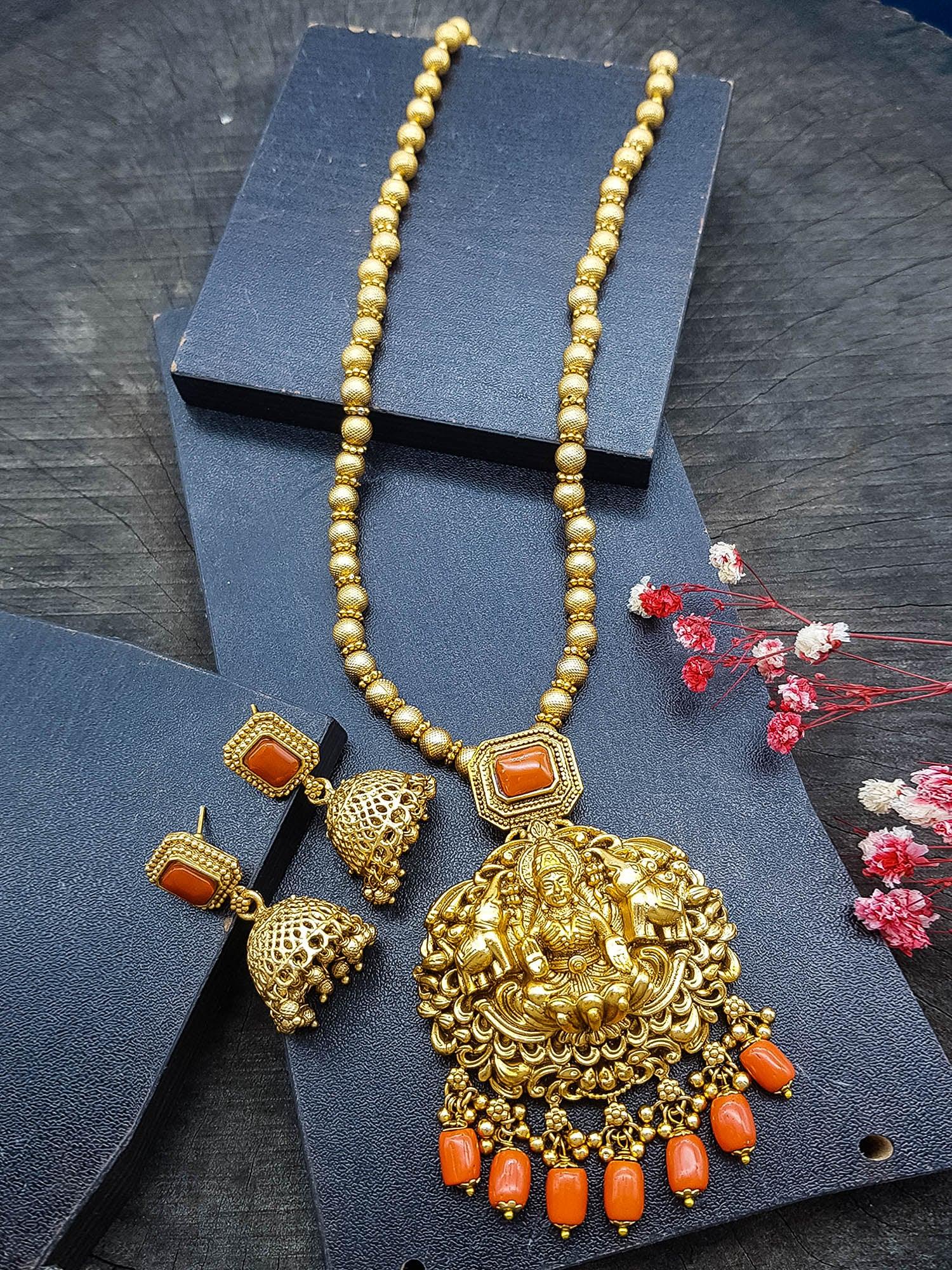 Gold Plated In Coral Beads Long Necklace Set