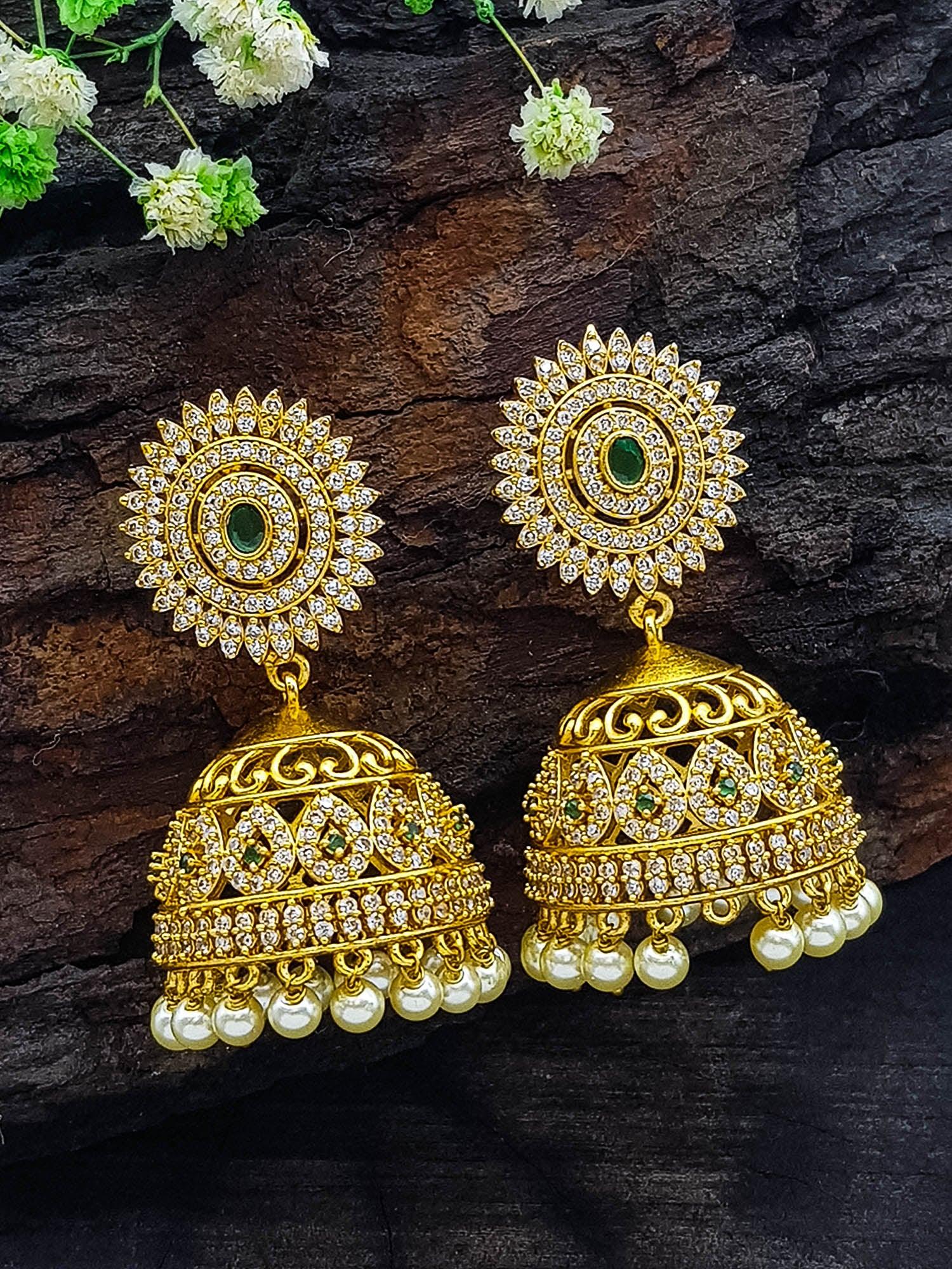 Gold Plated Real Kemp Stone Earrings Jhumka