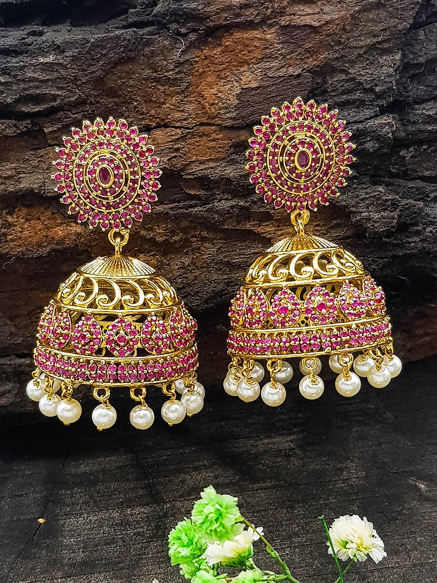 Gold Plated Real Kemp Stone Earrings Jhumka