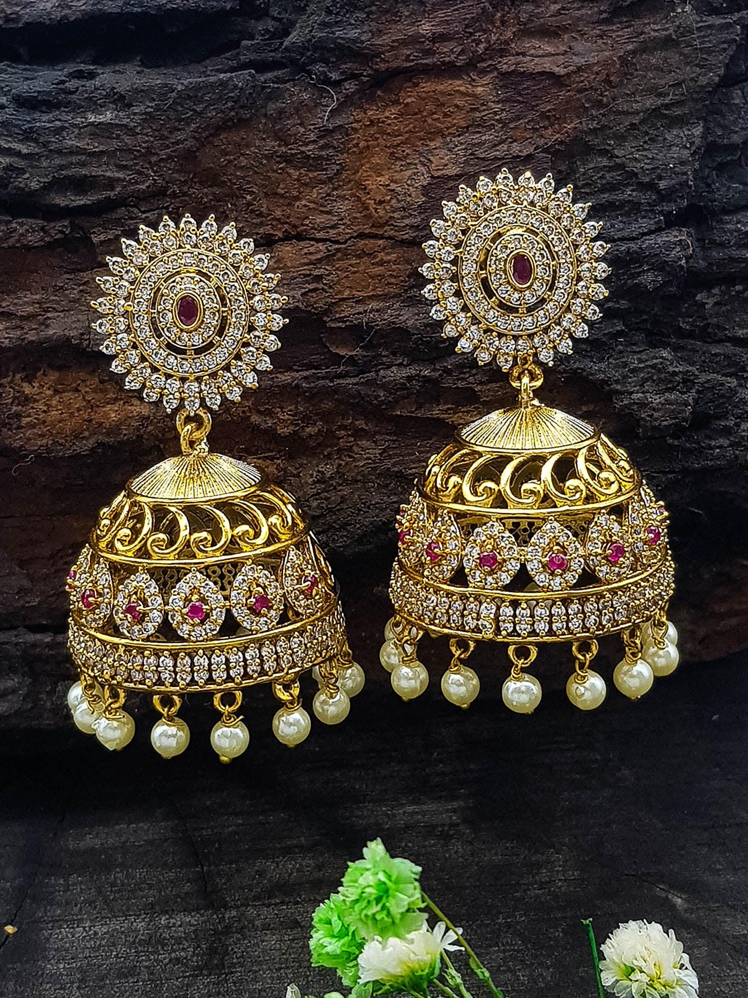 Gold Plated Real Kemp Stone Earrings Jhumka