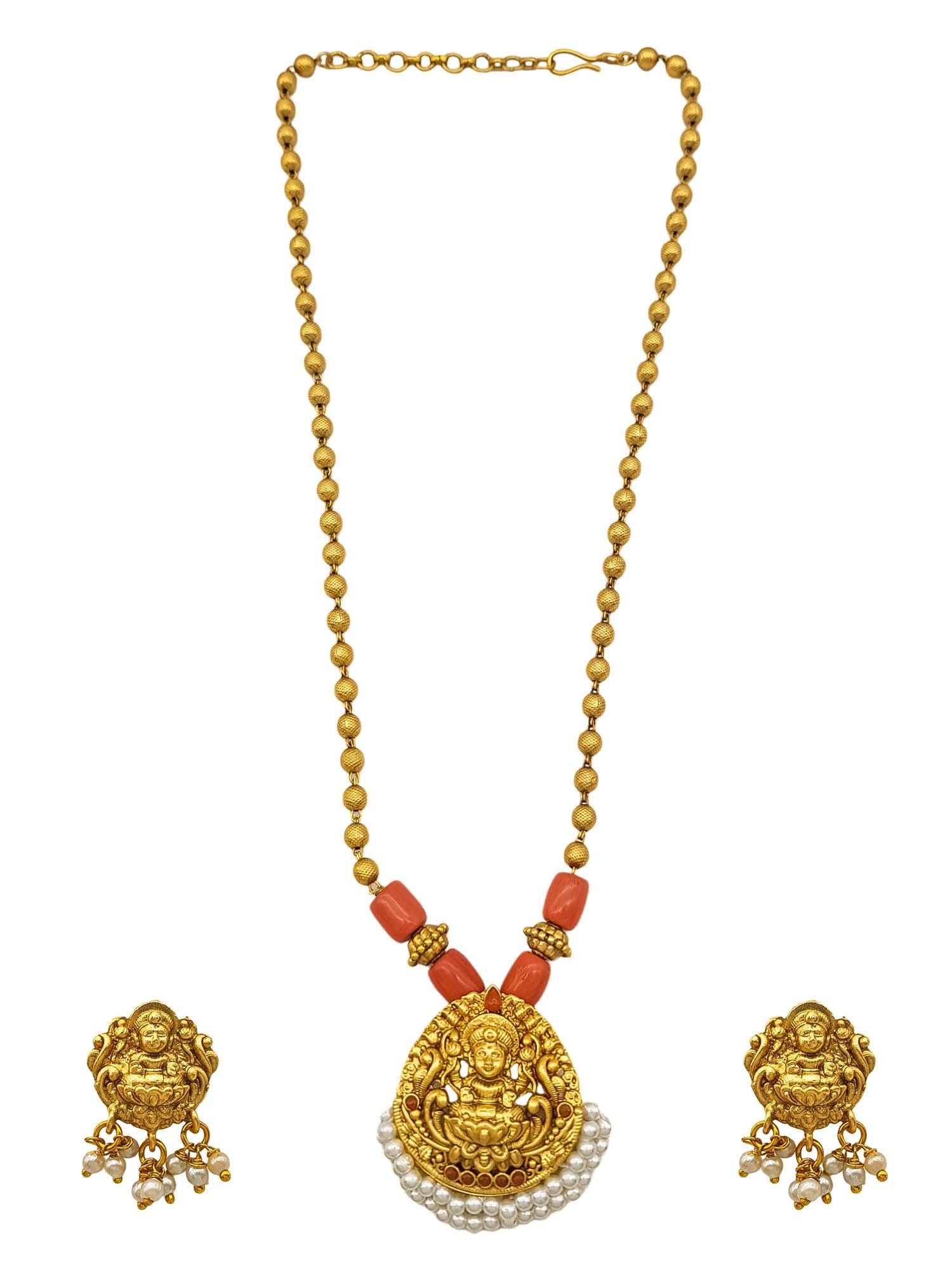 Gold Plated Long Necklace Set in coral