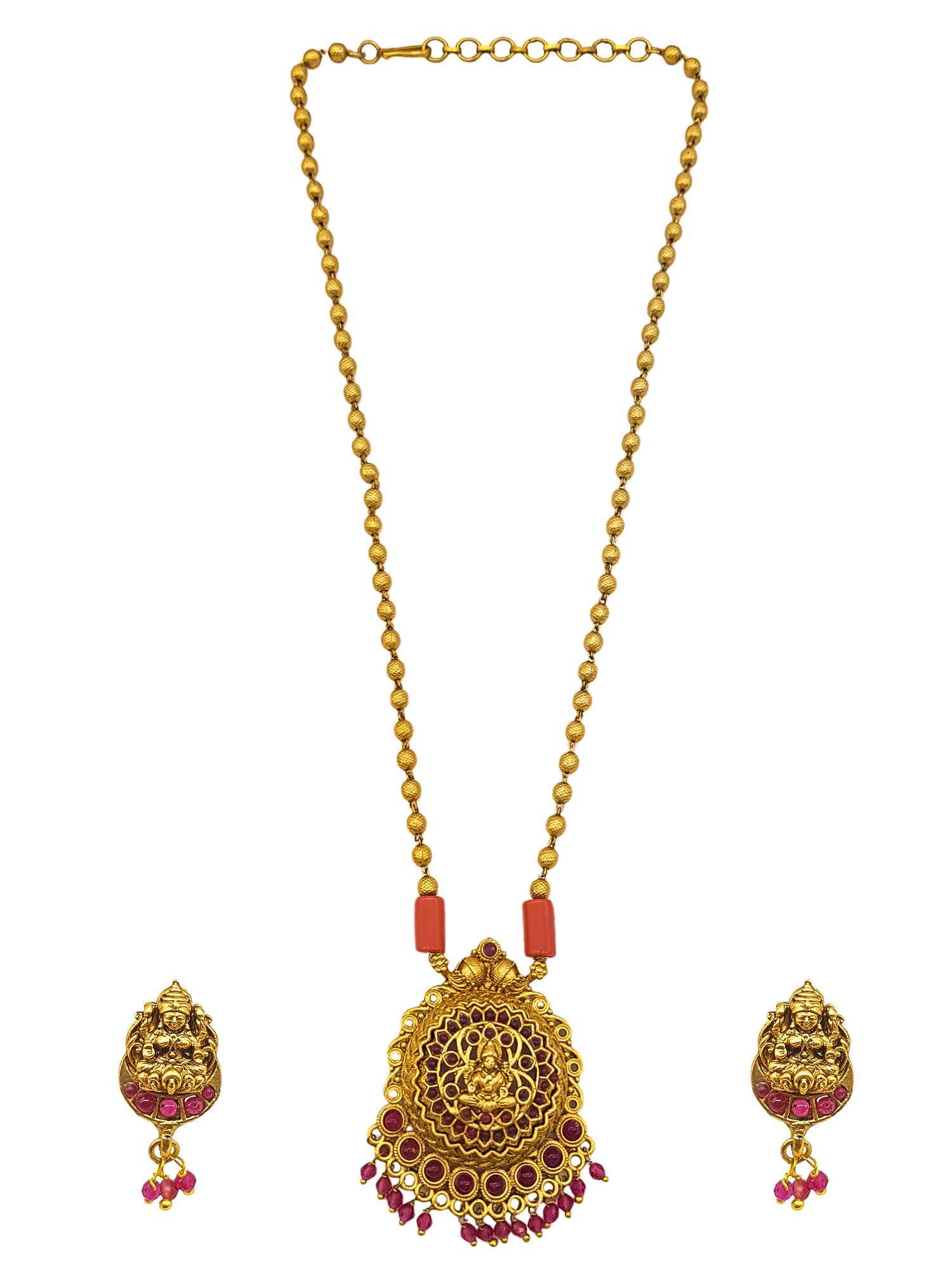 Gold Plated Long Necklace Set in coral