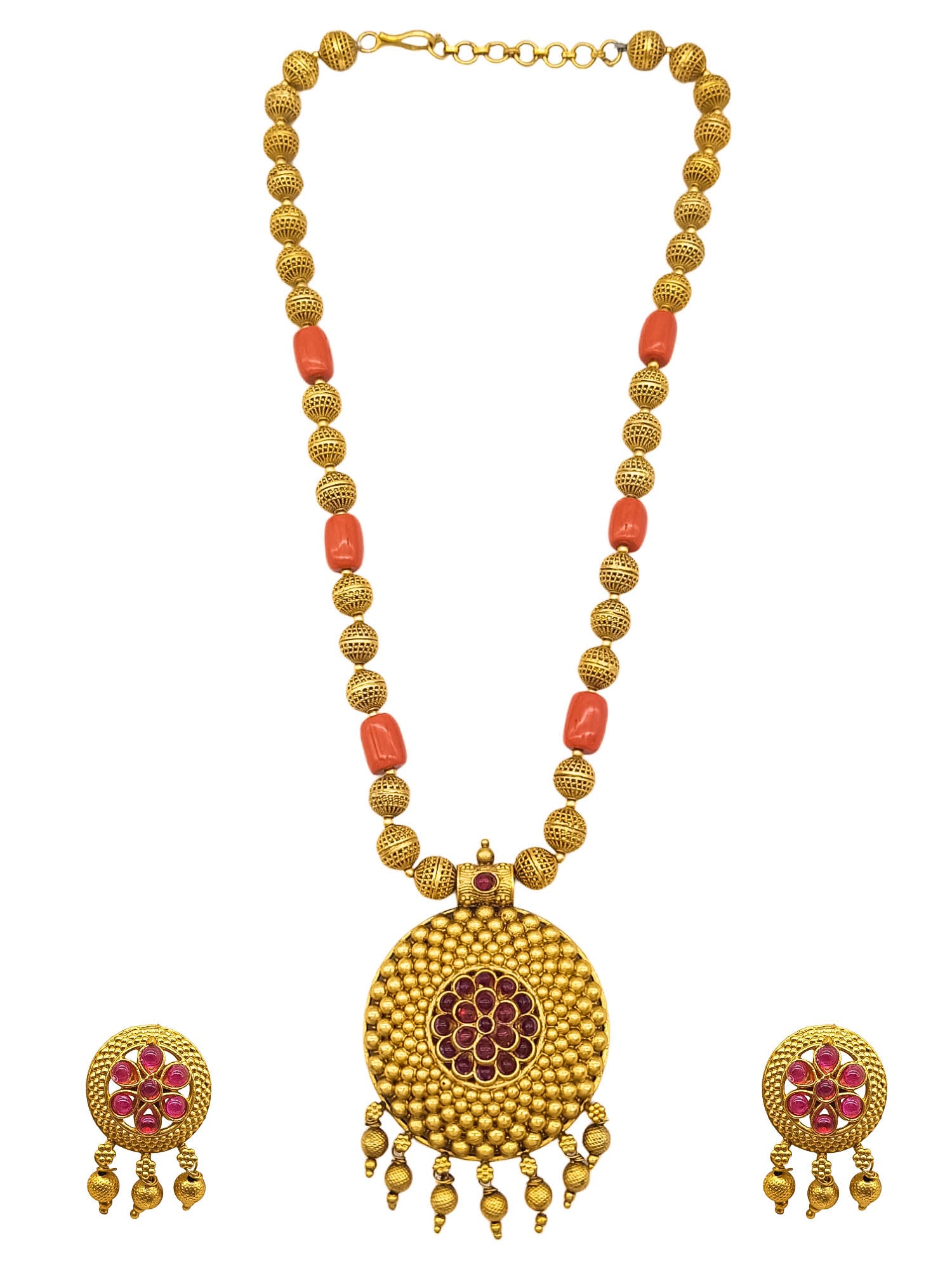 Gold Plated In Coral Beads Long Necklace Set