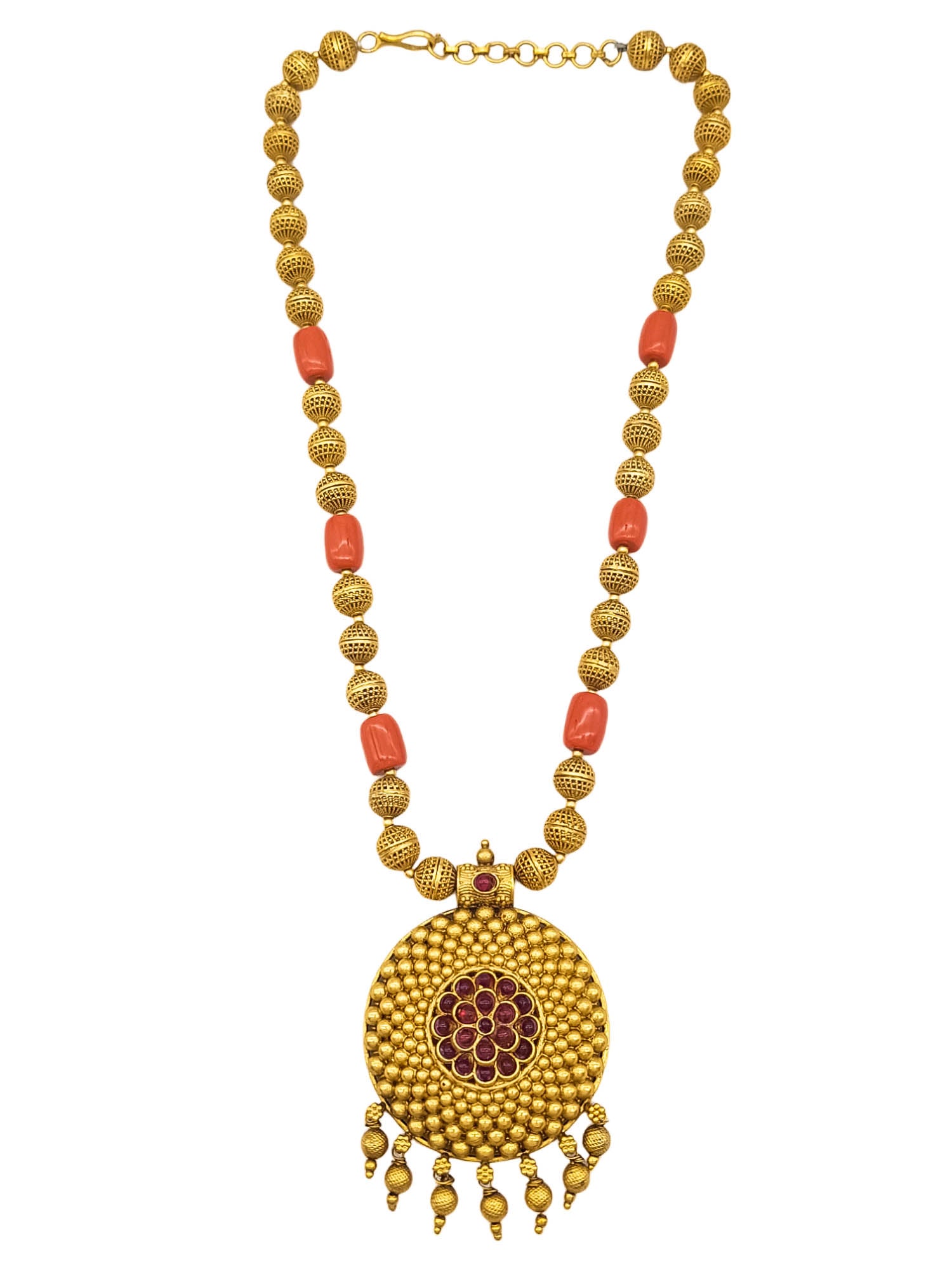 Gold Plated In Coral Beads Long Necklace Set