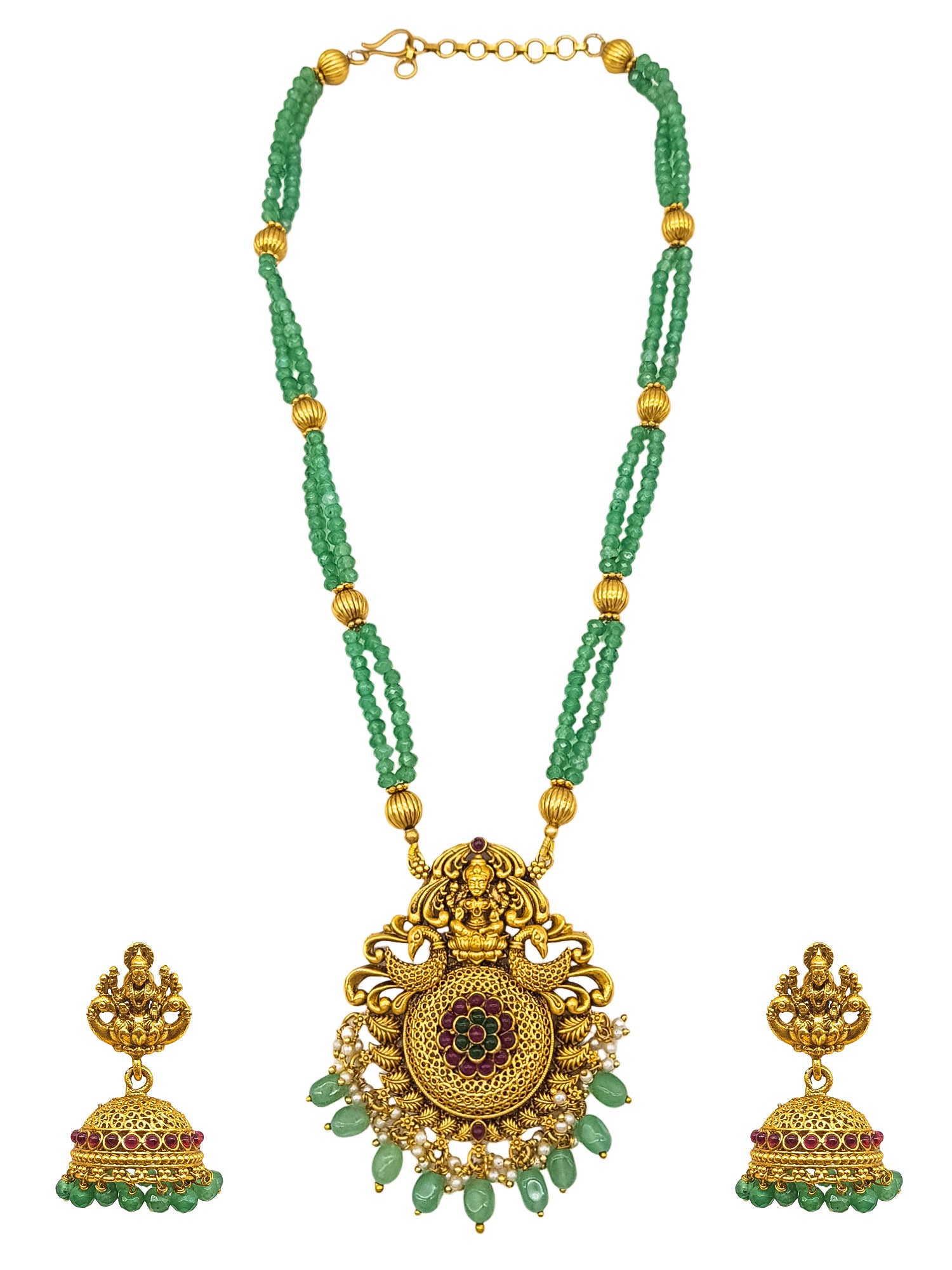 Gold Plated Necklace Set in green crystal natural stones