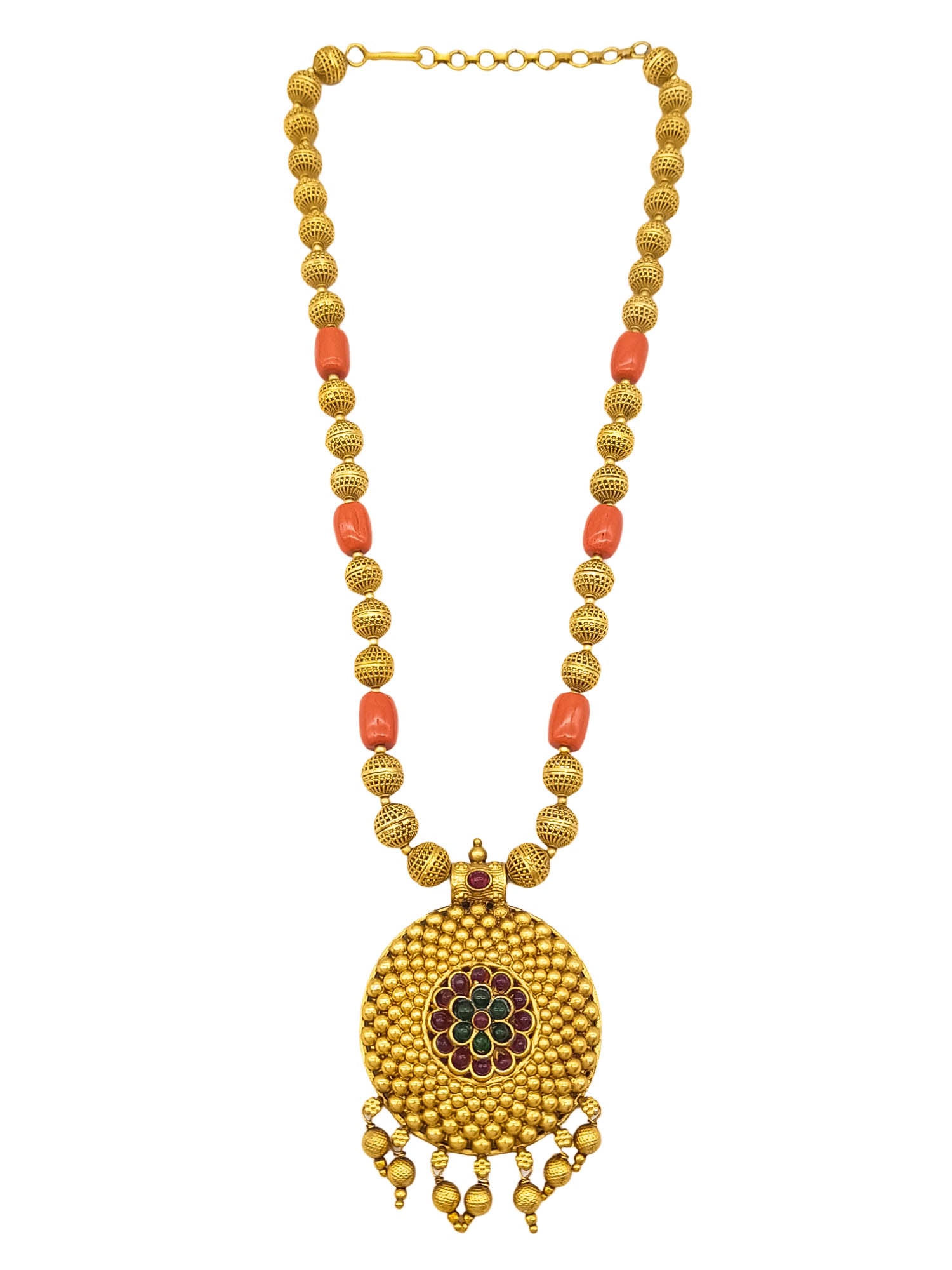 Gold Plated In Coral Beads Long Necklace Set