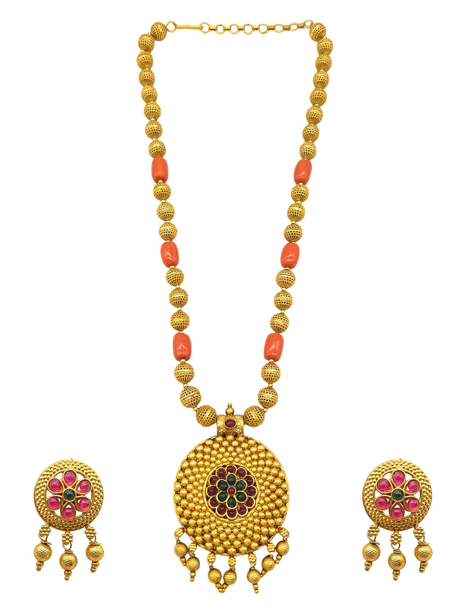 Gold Plated In Coral Beads Long Necklace Set