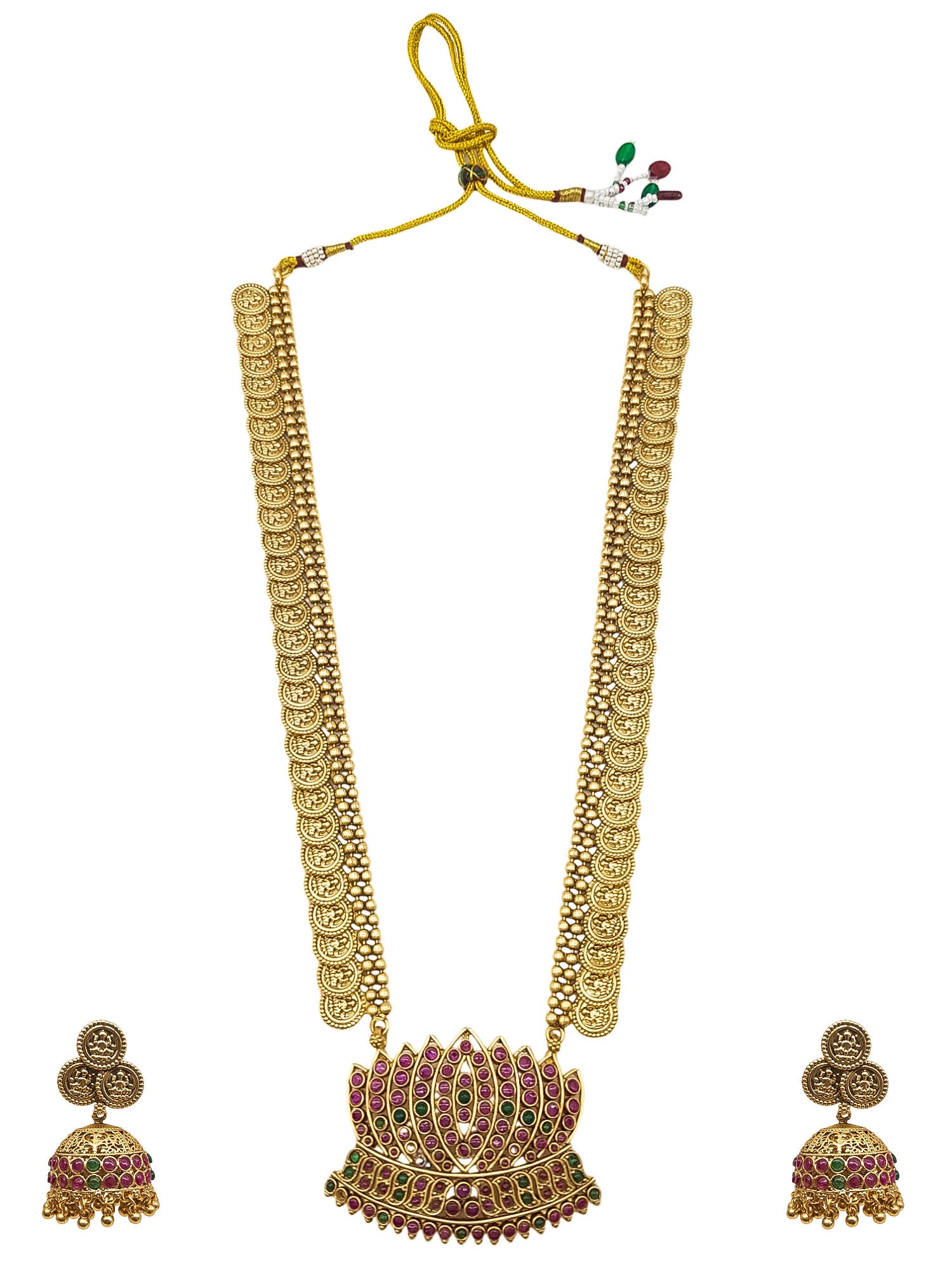 Premium Gold Plated Long Coin Hara Necklace Set with AD Stones