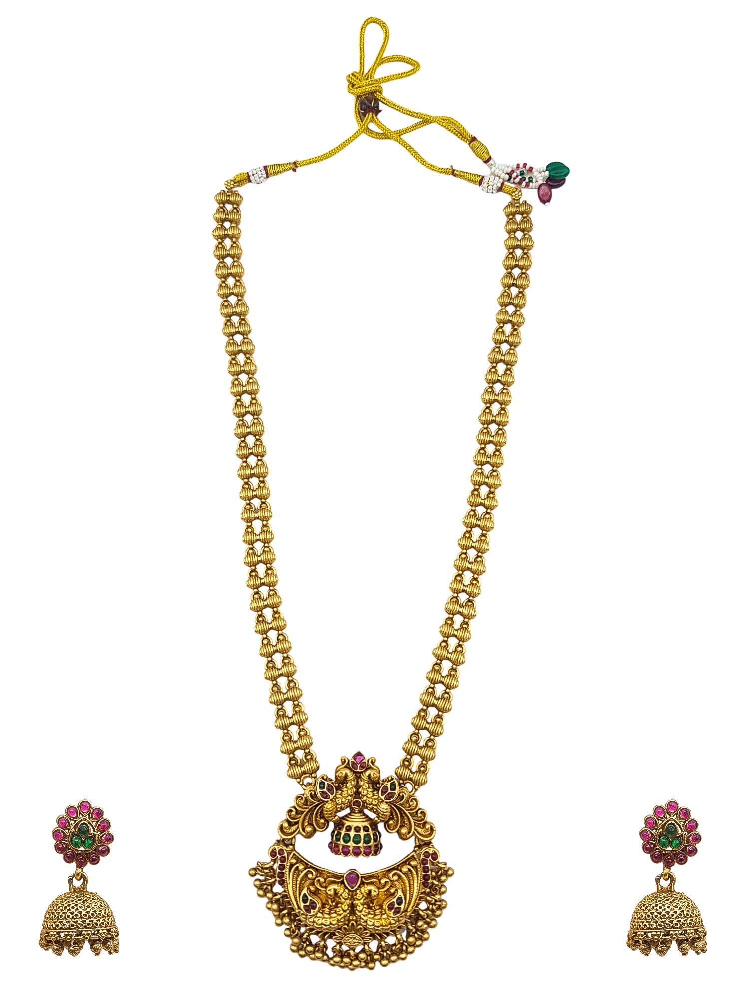 Gold Plated Long Necklace Set with Peacock Design