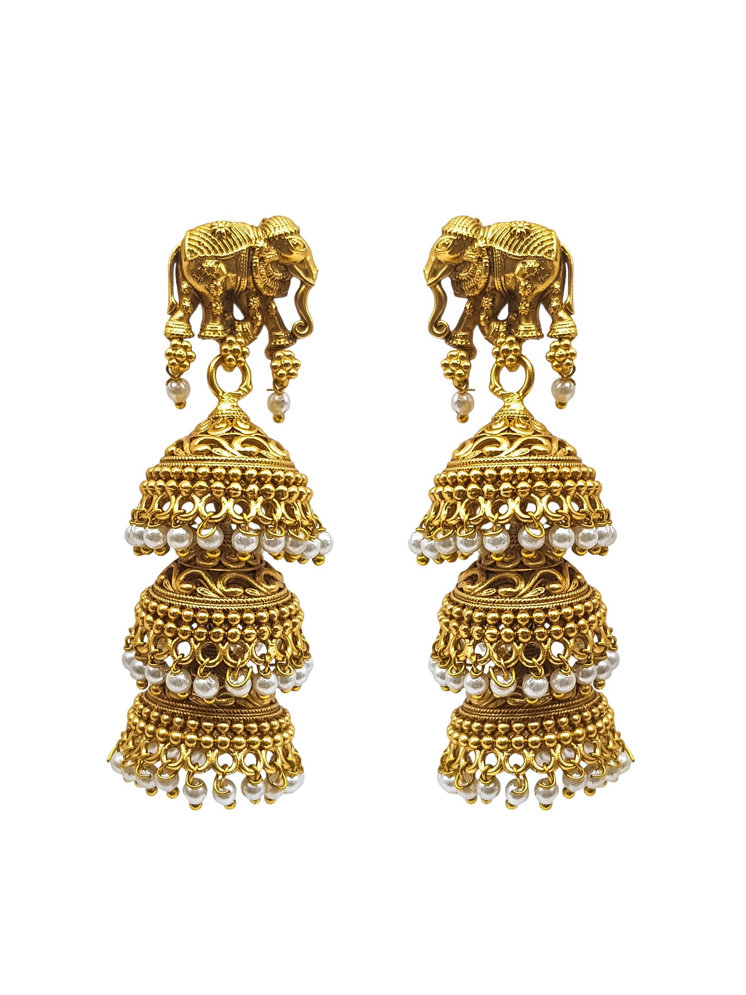 Gold plated Temple design Layered Jhumka Earrings