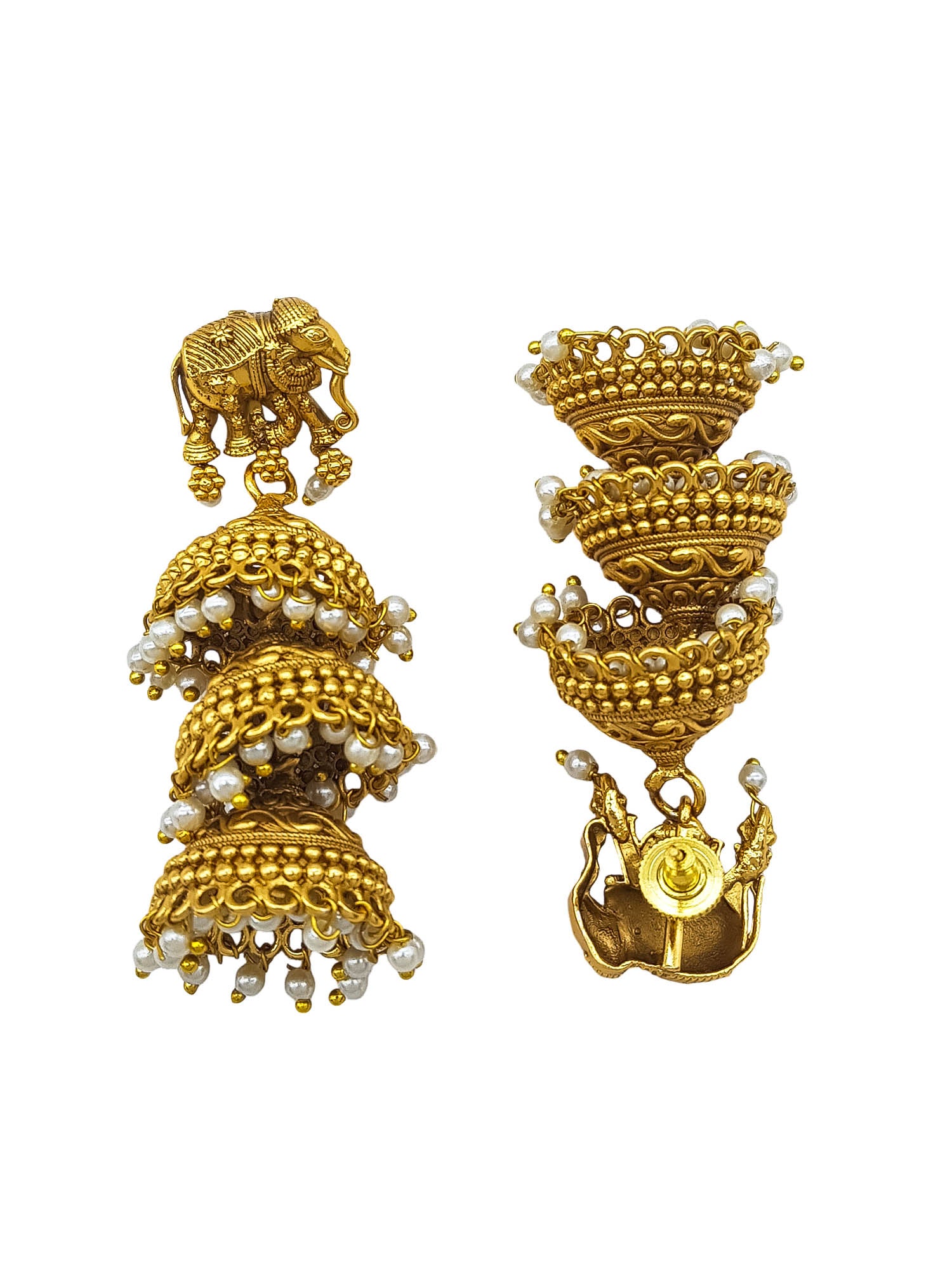 Gold plated Temple design Layered Jhumka Earrings