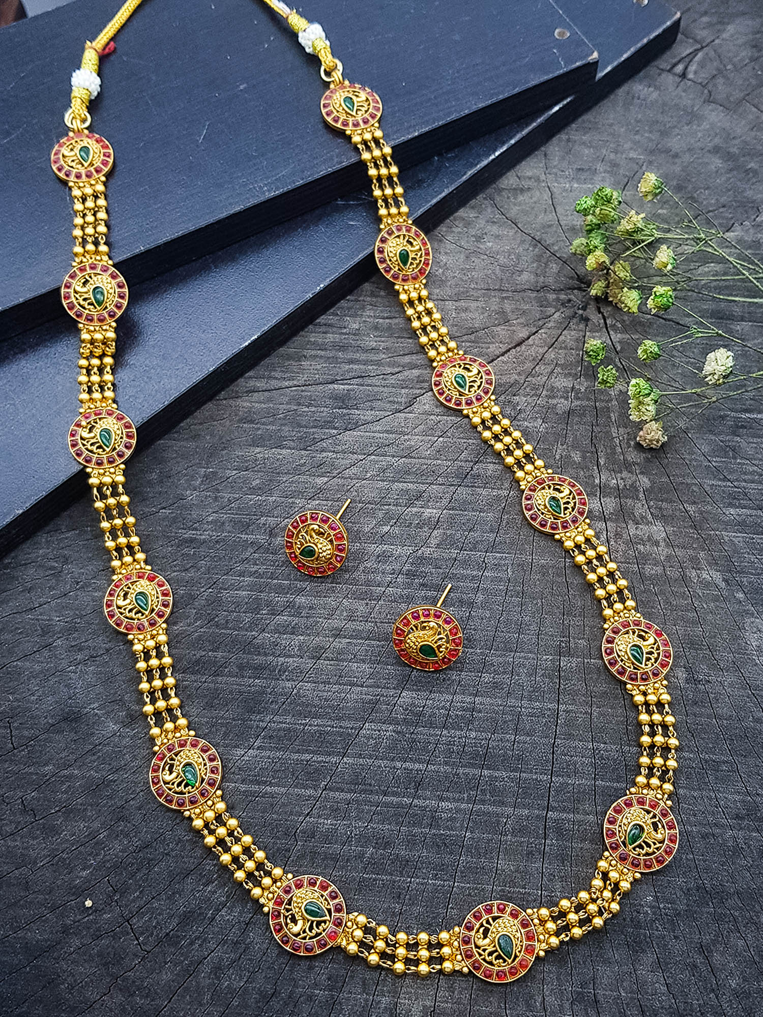 Gold Plated Long Necklace Set in Laxmi Temple pattern