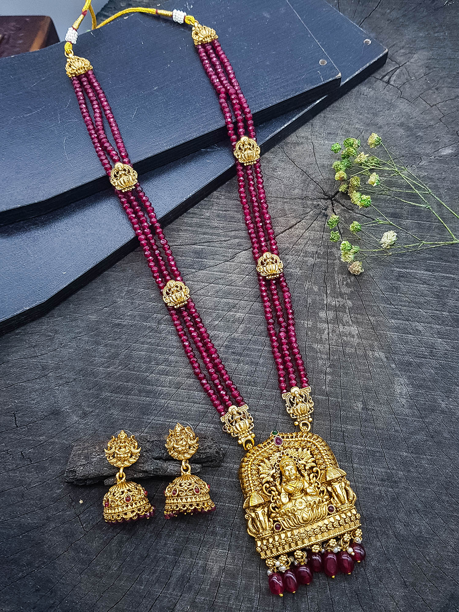 Premium Gold Plated Long Necklace Set in Maroon crystal natural stones