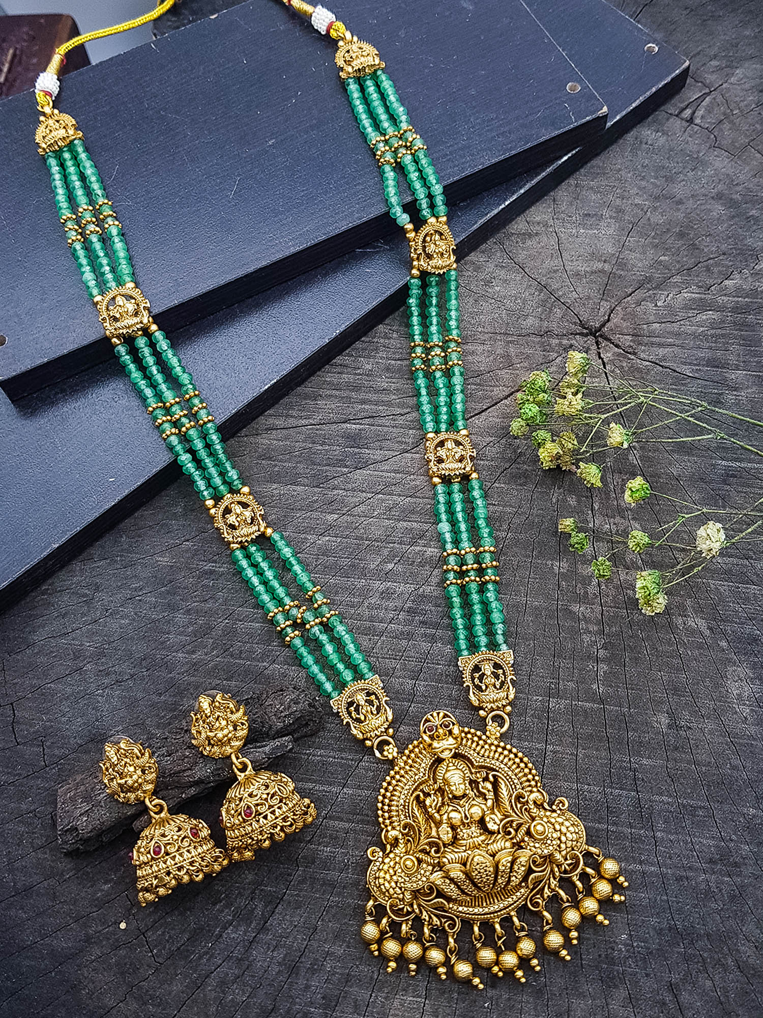 Gold Plated Long Necklace Set in green natural stones