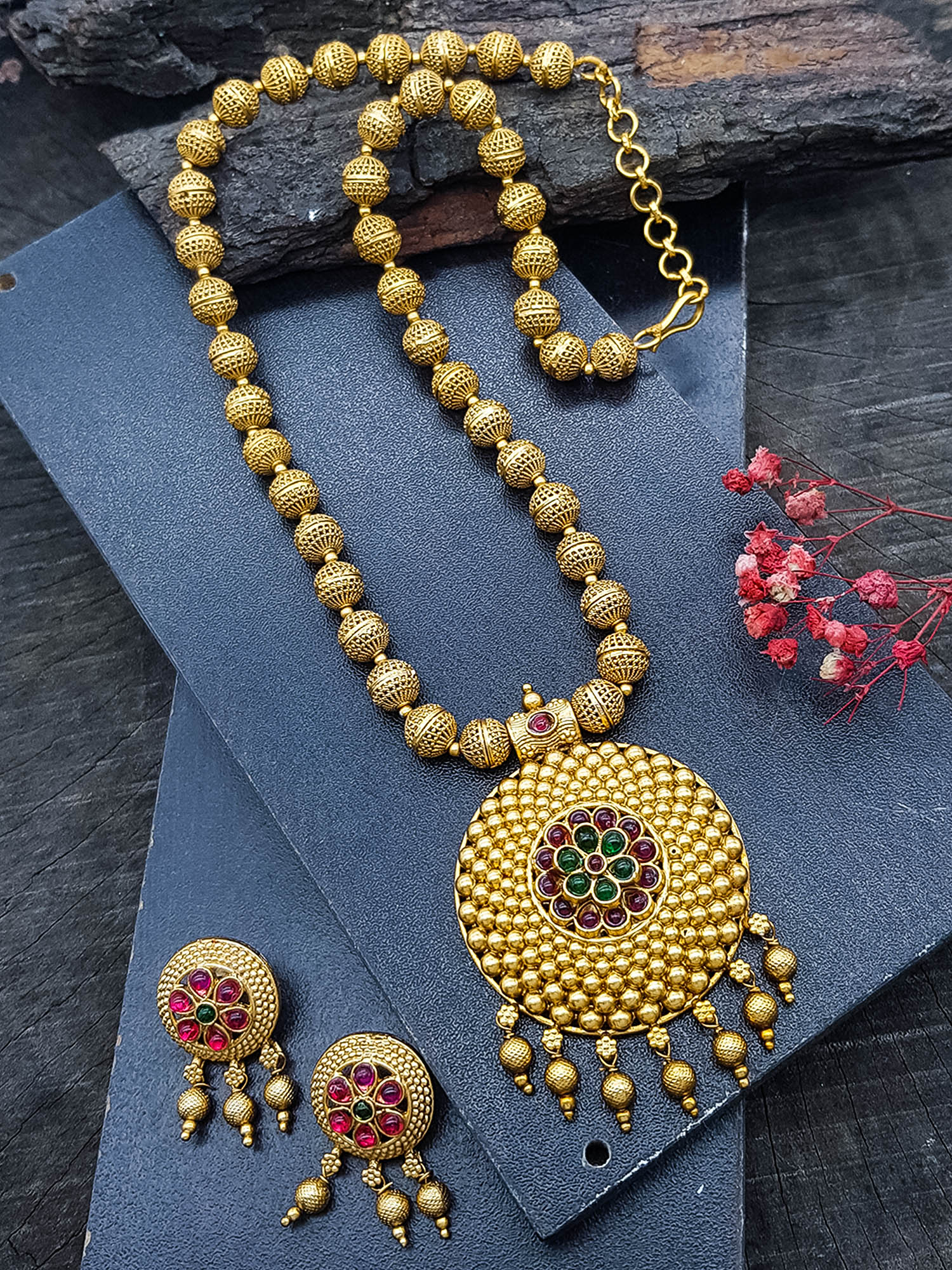 Gold Plated In Coral Beads Long Necklace Set