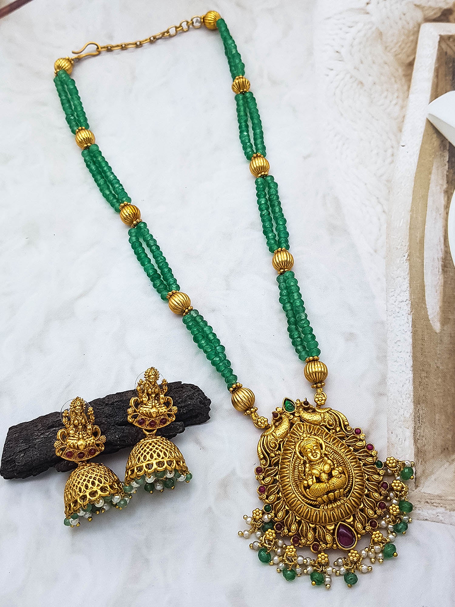 Premium Gold Plated Long Necklace Set in green crystal natural stones