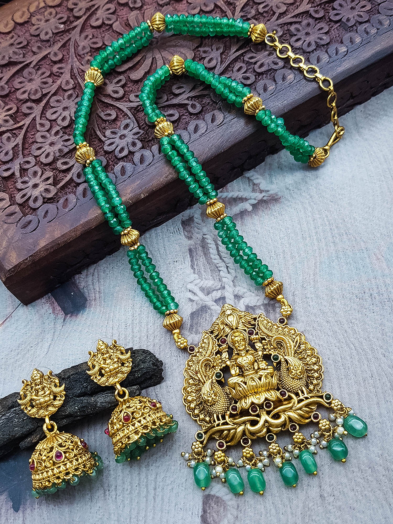 Premium Gold Plated Long Necklace Set in green crystal natural stones