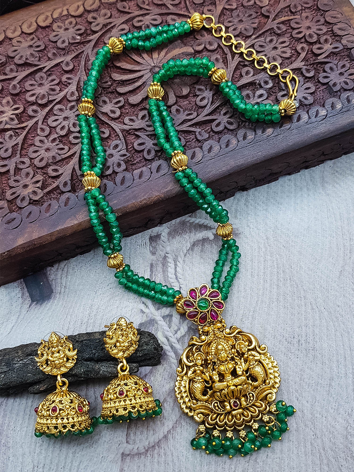 Premium Gold Plated Long Necklace Set in green crystal natural stones