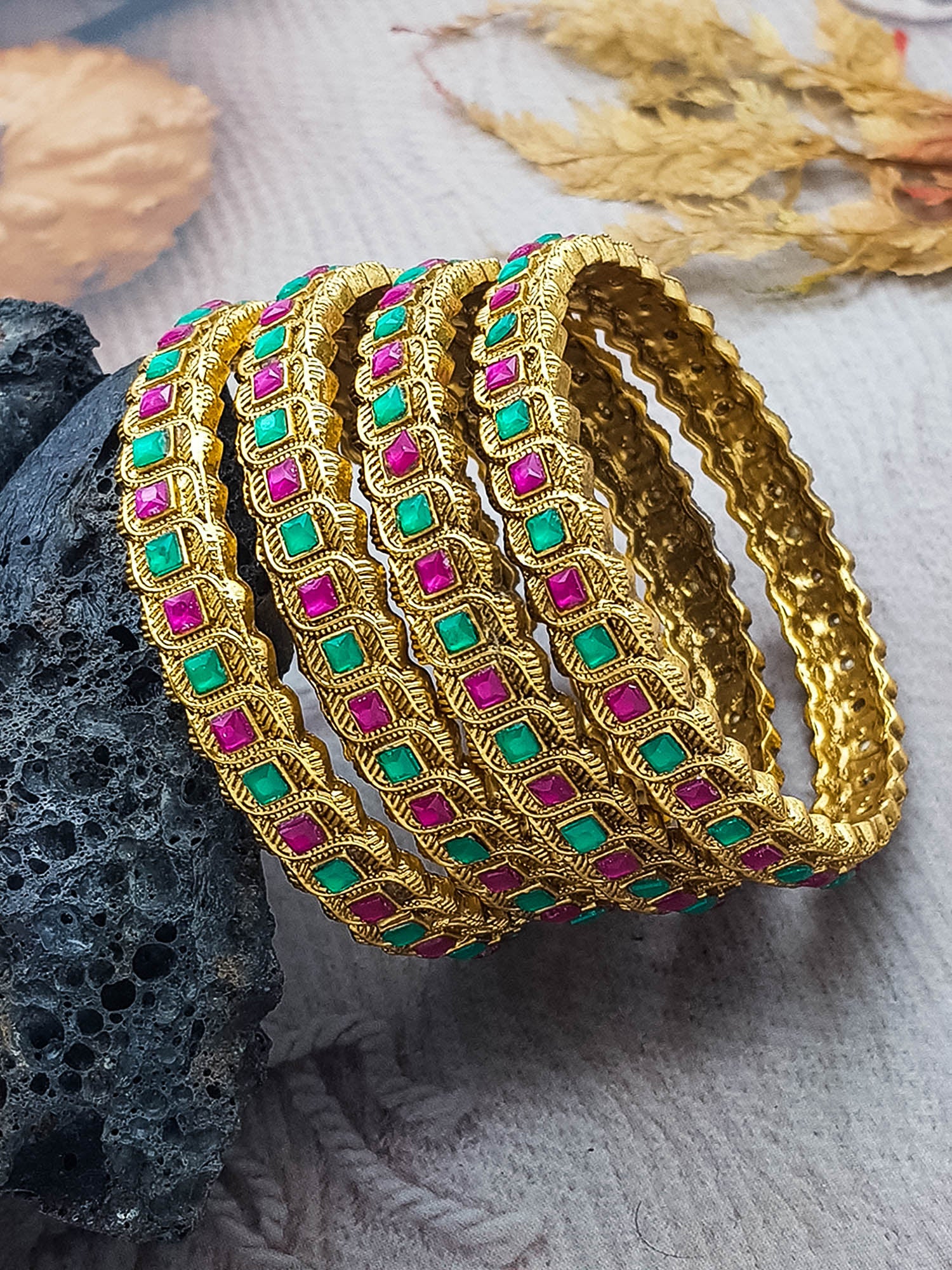 Gold Plated Studded Set of 4 Multi Stone Bangles