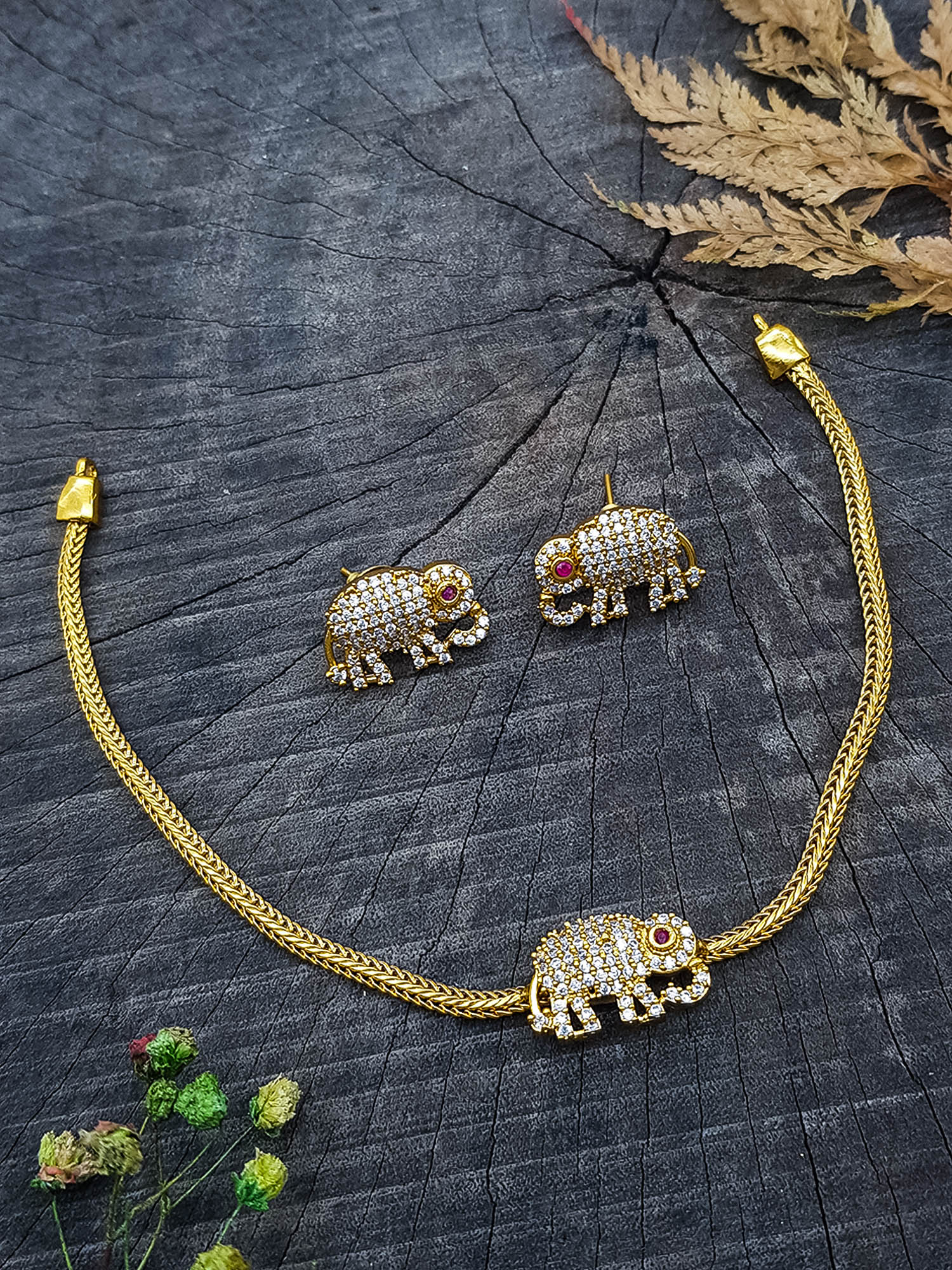 Gold Plated CZ Short Elephant Necklace Set