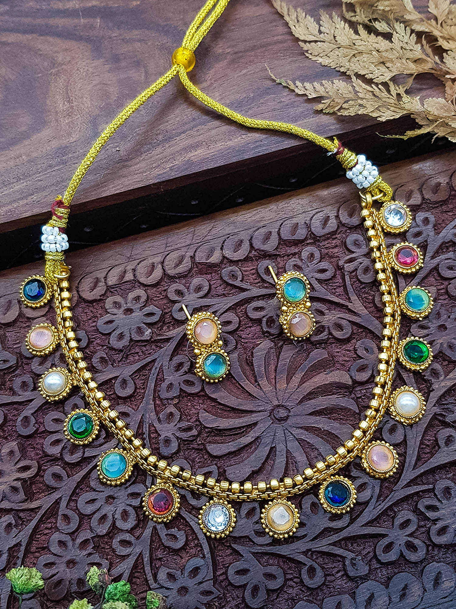 Antique Premium Gold finish navratna necklace set