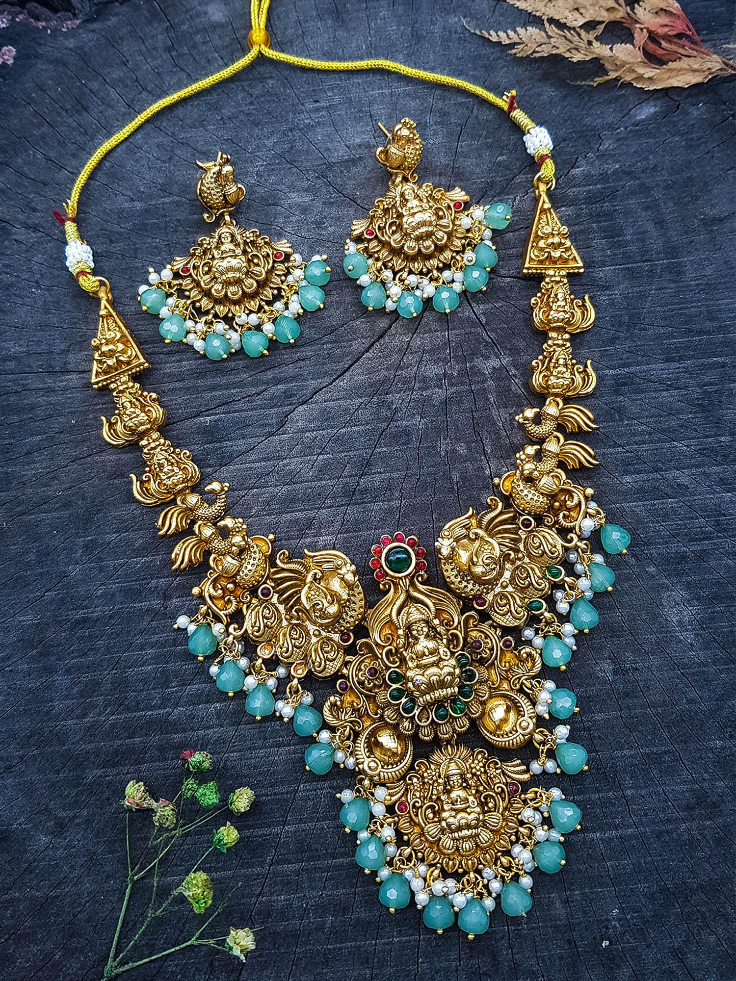 Gold Plated Necklace Set in Laxmi Temple pattern