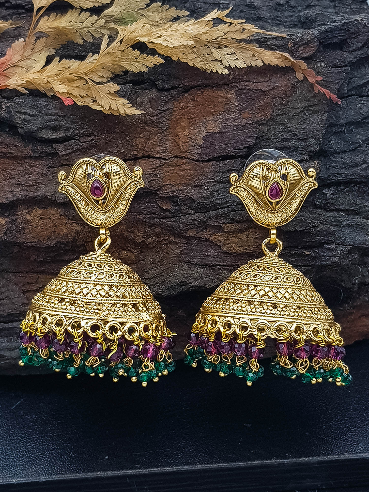 Gold plated Temple design Jhumka Earrings