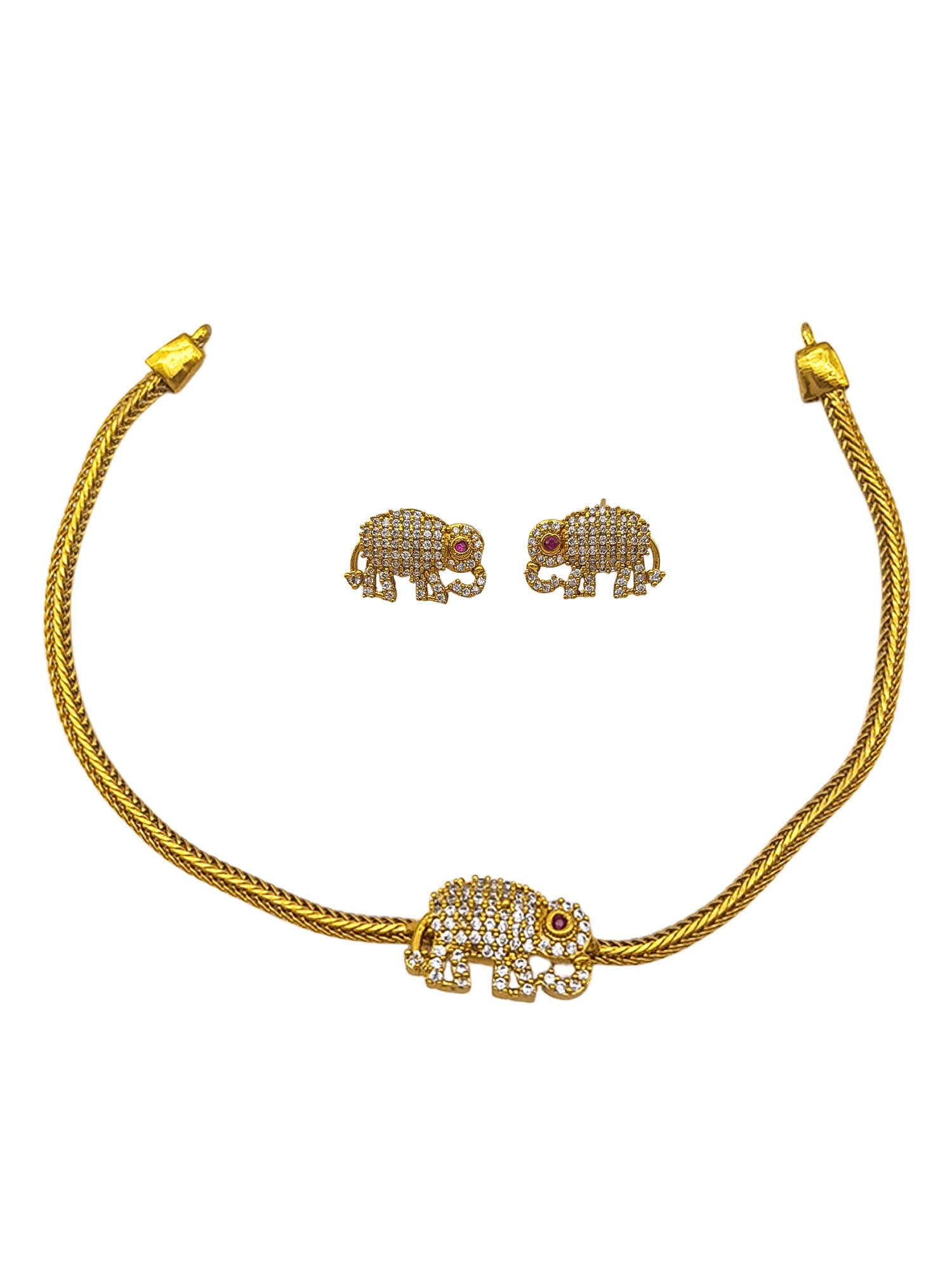 Gold Plated CZ Short Elephant Necklace Set