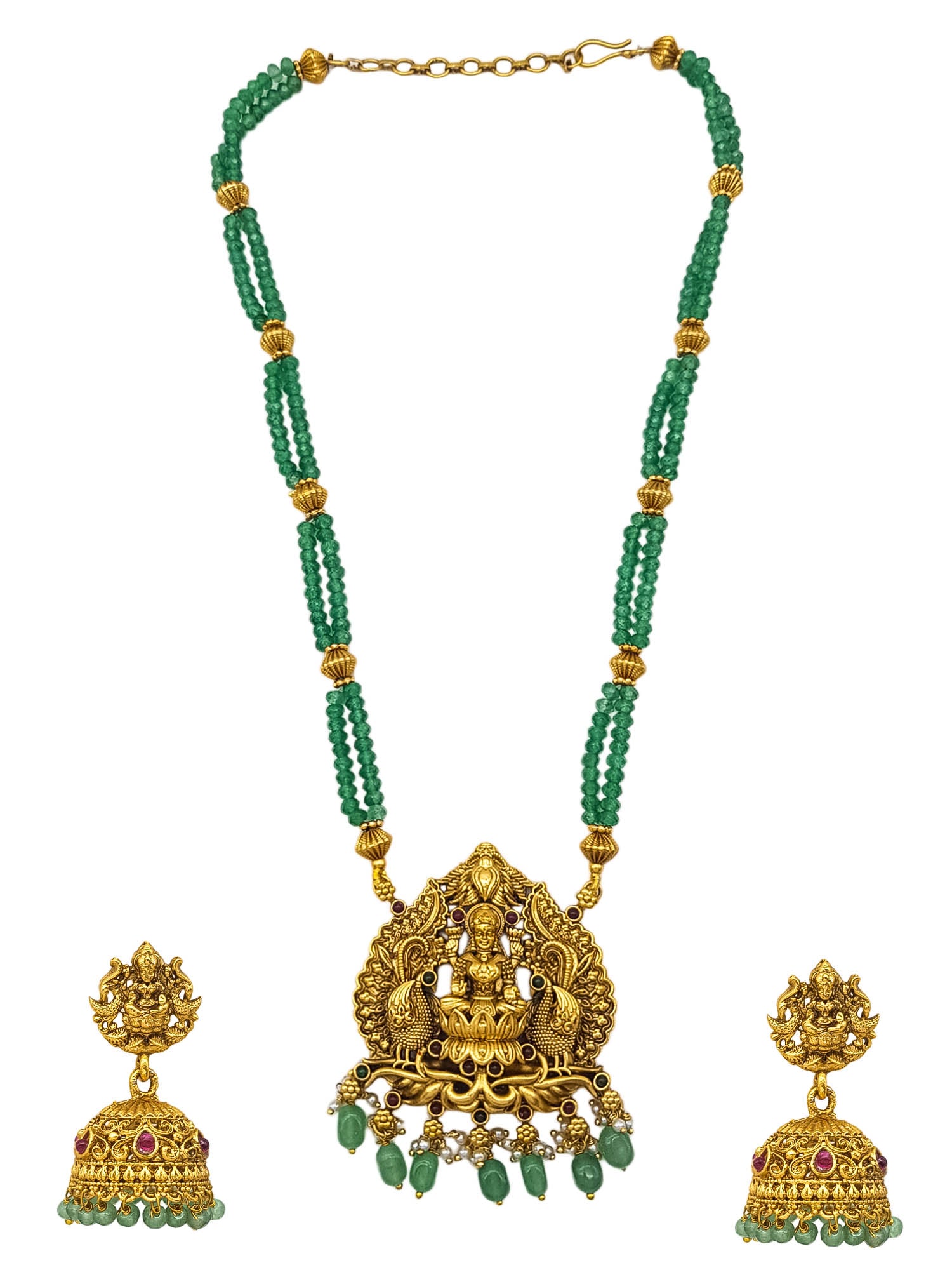 Premium Gold Plated Long Necklace Set in green crystal natural stones