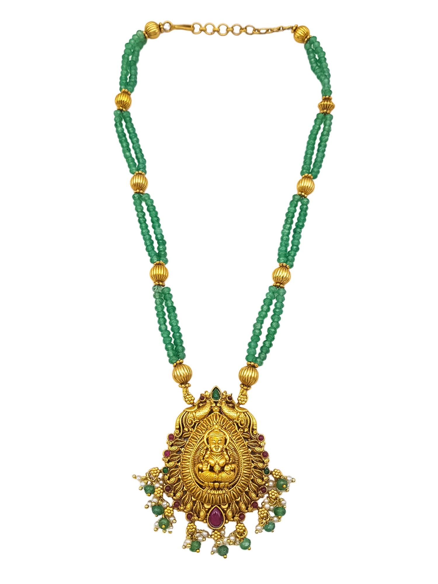 Premium Gold Plated Long Necklace Set in green crystal natural stones