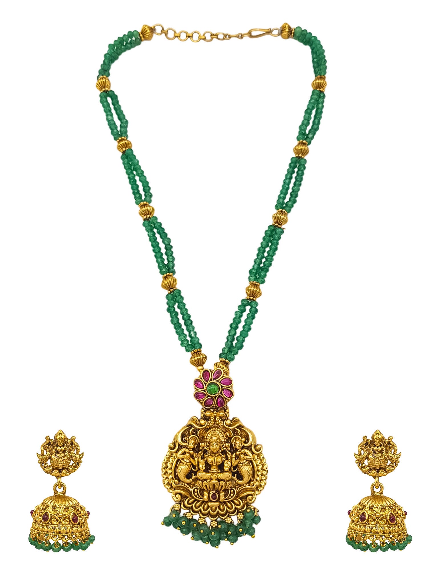 Premium Gold Plated Long Necklace Set in green crystal natural stones