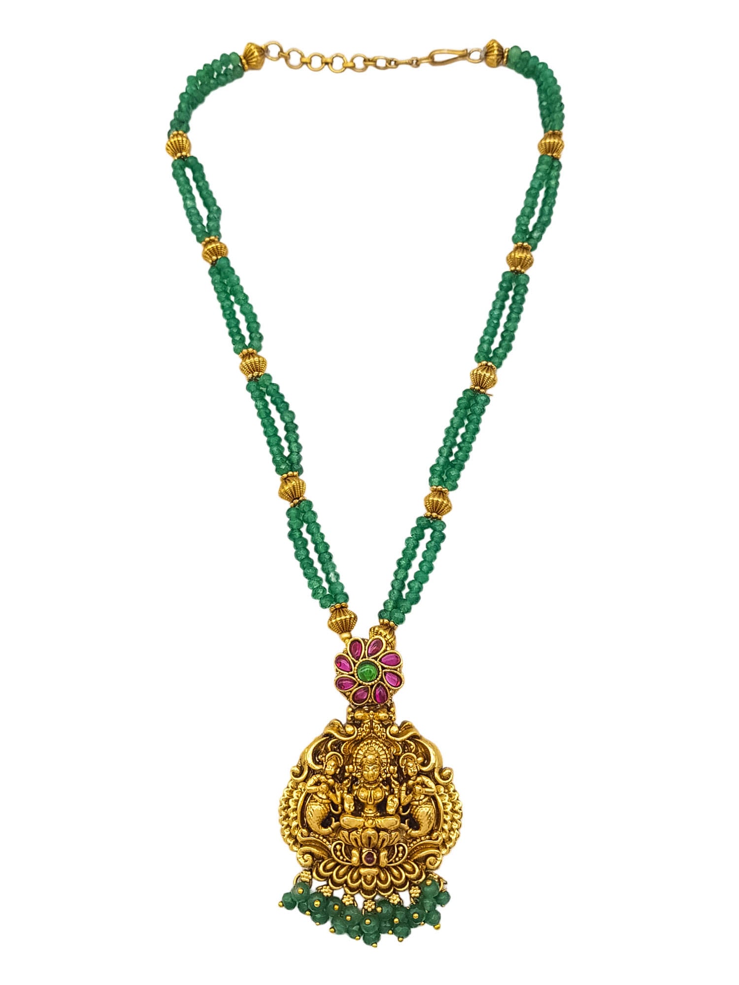 Premium Gold Plated Long Necklace Set in green crystal natural stones